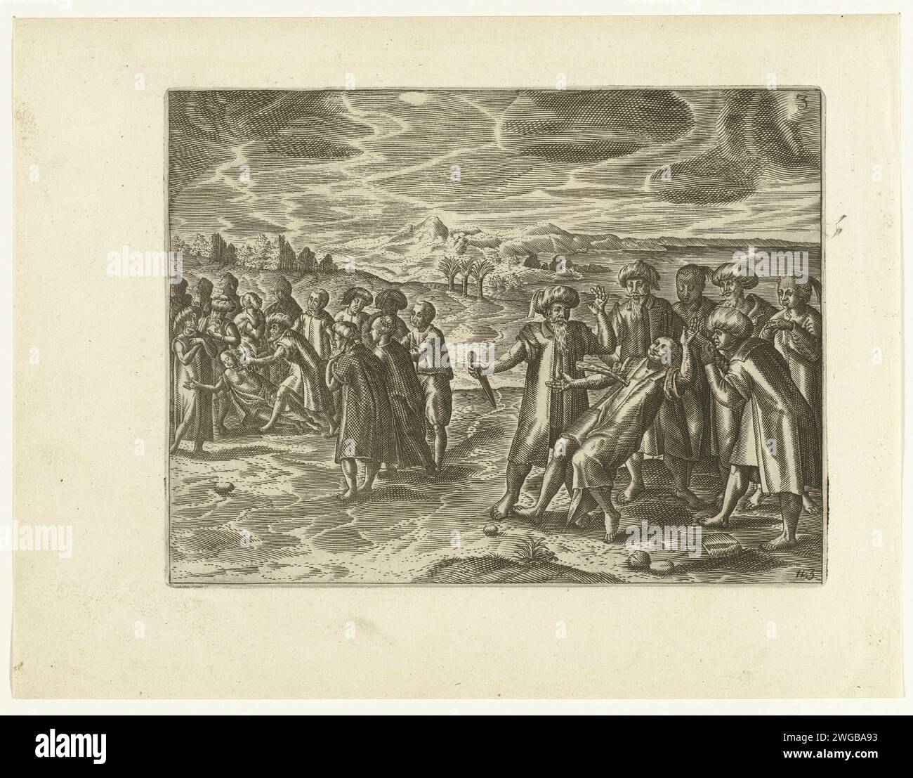 Strafen des Ehebruchs auf Pattani, 1602, 1644 - 1646 Druck Strafen des Ehebruchs nach der Tradition auf Pattani, 1602. Die Todesstrafe, wie sie nach lokaler Verwendung für Ehebrecher verhängt wird: Der Mann wird mit einem Dolch erstochen und die Frau erwürgt. Ein Teil der Illustrationen im Bericht über die zweite Reise von Jacob van Neck nach Ostindien in den Jahren 1600–1604. Nr. 3. Papiergravur, Expedition, Entdeckungsreise. Landschaften in tropischen und subtropischen Regionen. Ehebruch. Todesstrafe, Hinrichtung Pattani Stockfoto