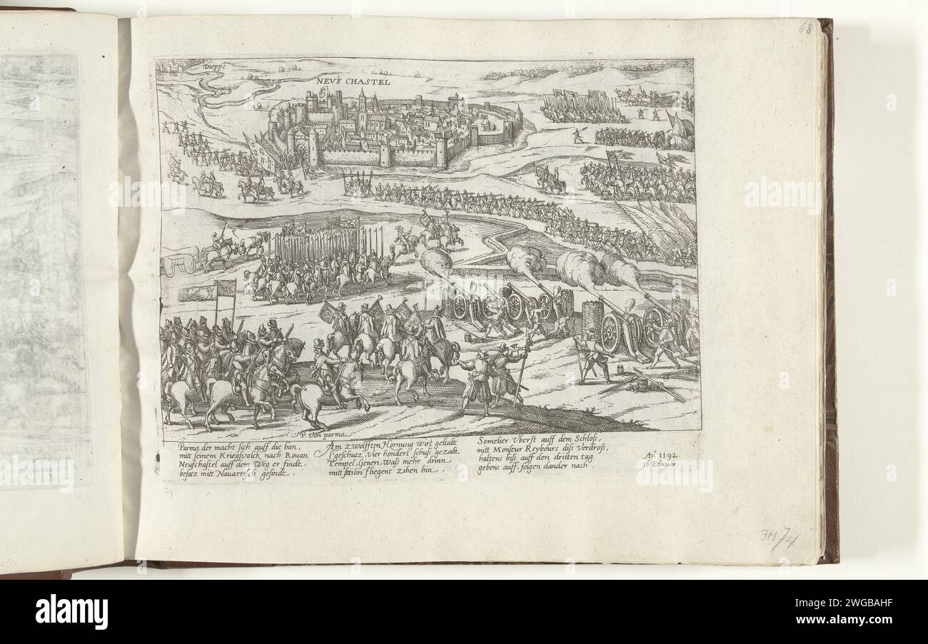 Der Herzog von Parma belagert Neufchâtel-en-Bray, 1592, 1592-1612 Druck der Herzog von Parma ist belagert Neufchâtel-en-Bray, 16. Februar 1592. Im Vordergrund stehen die Truppen von Parma die Stadt. Im Hintergrund verlassen die königlichen Truppen die Stadt in Richtung Dieppe. Mit 12 Zeilen auf Deutsch. Nicht Nummeriert. Kölner Papierätzer Sieg, Position war Dieppe. Neufchâtel-en-Bray Stockfoto