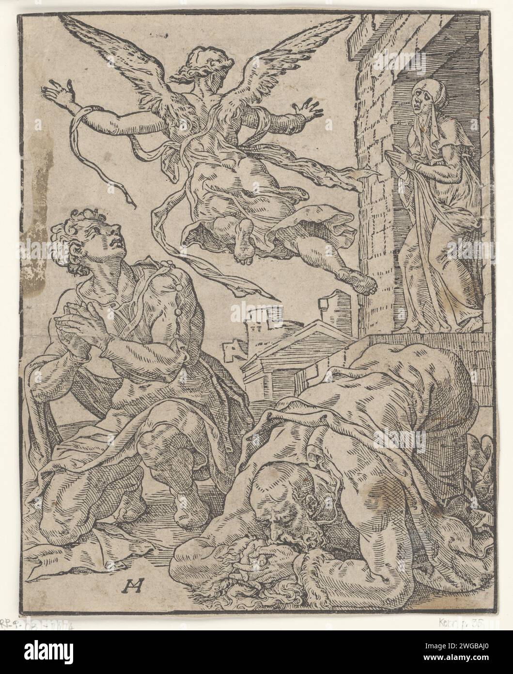 Abschied vom Erzengel Rafaël, Dirck Volckertsz. Coornhert, nach Maarten van Heemskerck, ca. 1548 Druck Tobit und Tobias knien auf dem Boden, nachdem der Erzengel Rafaël angekündigt hat. Rafaël fliegt weg. Niederländische Zeitung der Engel macht sich bekannt; Tobias und seine Familie legen sich hin. Der Engel Raphael verschwindet im Himmel Stockfoto