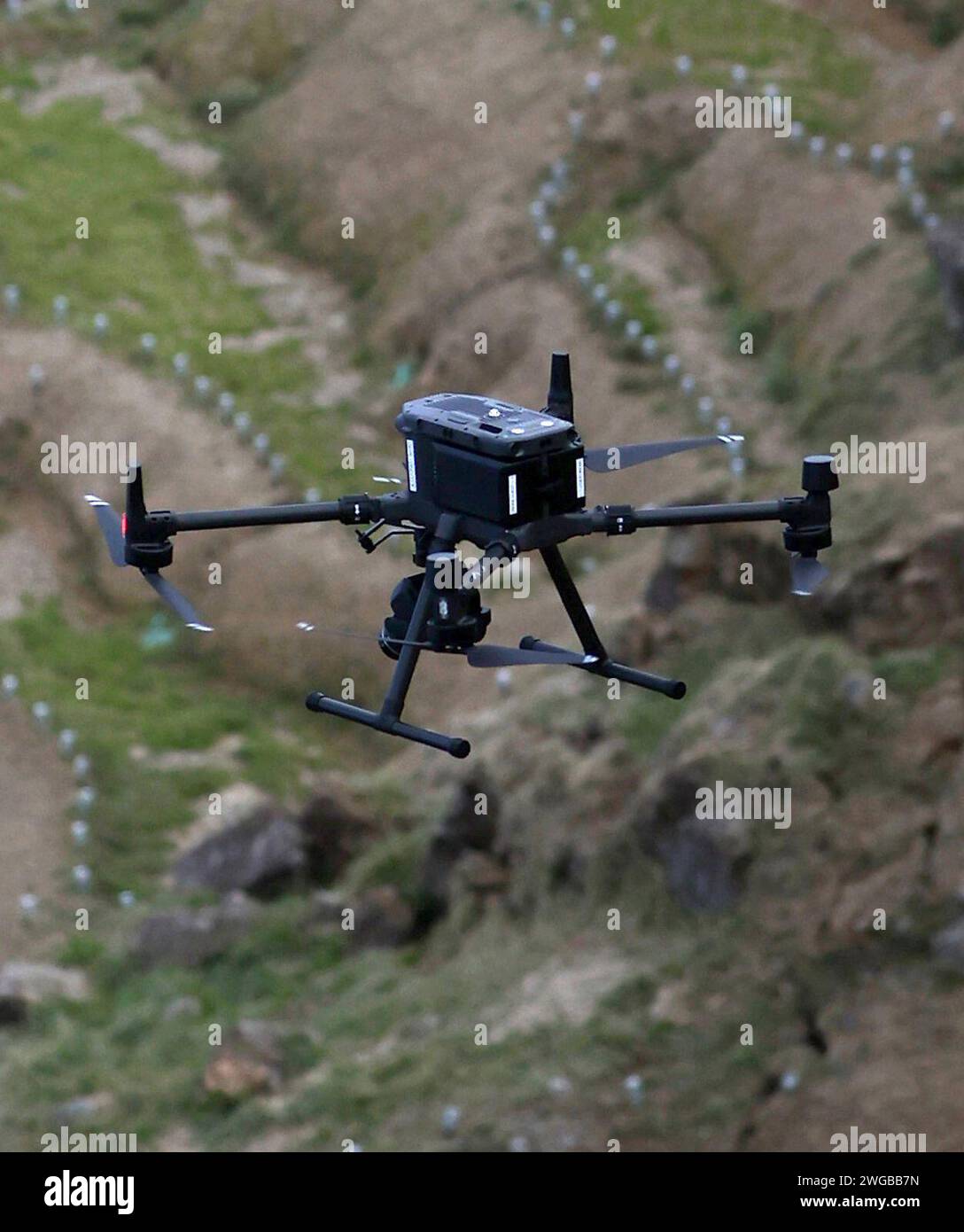 Officials of the Ishikawa Government researched the Shiroyone Senmaida Rice Terraces, which were damaged by the magnitude 7.6 earthquake, using a drone in Wajima City, Ishikawa Prefecture on Feb. 4th, 2024. The rice terraces were struck by the Noto Peninsula Earthquake on New Year's Day. Numerous cracks are found in the rice paddies and landslides collapse parts of some rice paddies. ( The Yomiuri Shimbun via AP Images ) Stockfoto