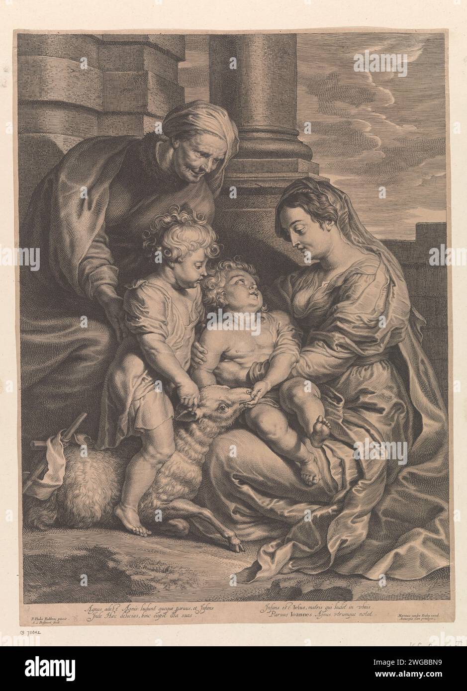 Familie Holly, Squeed Adamsz. Bolswert, nach Peter Paul Rubens, 1596–1659 Druck Maria sitzt auf dem Boden mit Christuskind auf dem Schoß und die Heilige Anna steht mit dem Heiligen Johannes als Kind und einem Lamm mit ihnen. Unter der Show ist ein lateinischer Vers zu sehen. Dieser Ausdruck ist Teil eines Albums. Papierstich Madonna begleitet von heiligen. Anna, Mutter Mariens; mögliche Attribute: Buch, Christkind, Lilie, Jungfrau Maria. Der Apostel Johannes der Evangelist; mögliche Attribute: Buch, Kessel, Kelch mit Schlange, Adler, Handfläche, Bildlauf. Maria und das Christuskind mit Johannes dem Täufer (als Kind) Stockfoto