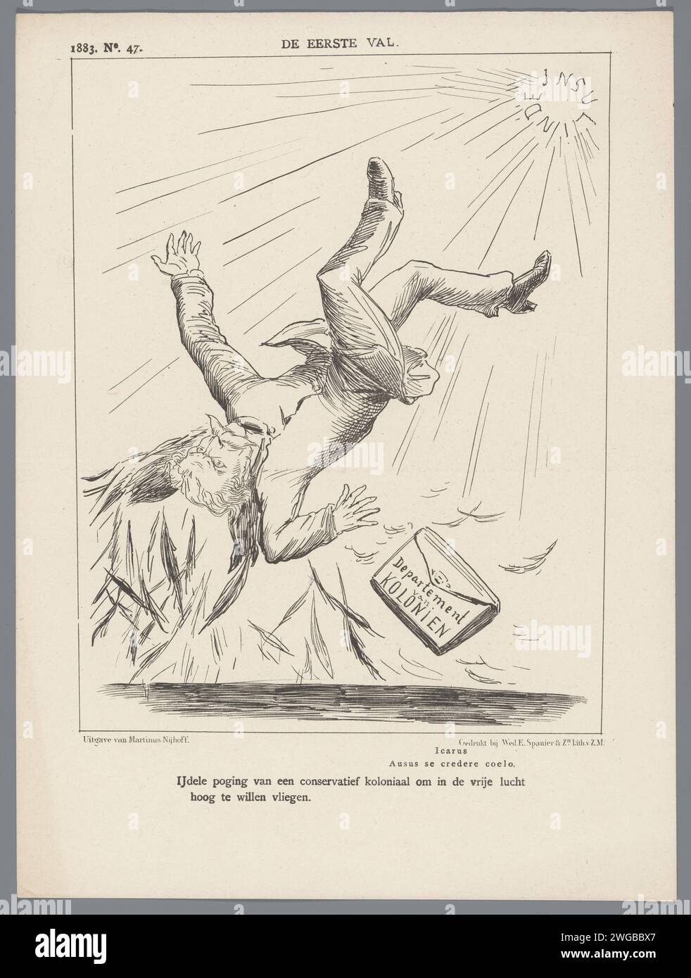 Cartoon on the Fall of the Minister of Colonies, 1883, 1883 Print Cartoon on the Fall of the Minister of Colonies of Bloemen Waanders, der als Ikarus vom Himmel fällt. Plaat trat beim Weekblad de Nederlandsche Spectator auf, nein 47, 1883. Druckerei: Netherlandsprinter: Netherlandspublisher: Der Haager Papiertod, d.h. der Fall Ikarus, ohne Daedalus Stockfoto