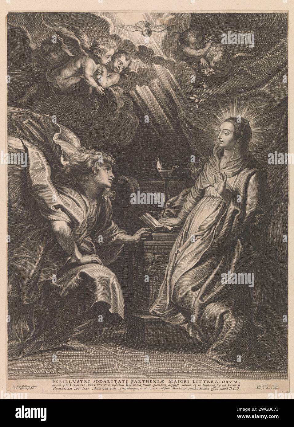 Verkündigung, Sciled Adamsz. Bolswert, nach Peter Paul Rubens, 1596–1659 Print dieser Druck ist Teil eines Albums. Druckerei: Südhollandspublisher: Antwerpener Papier Gravur der Verkündigung: Maria, die normalerweise liest, wird vom Engel besucht (manchmal hört eine Frau das Gespräch) Stockfoto