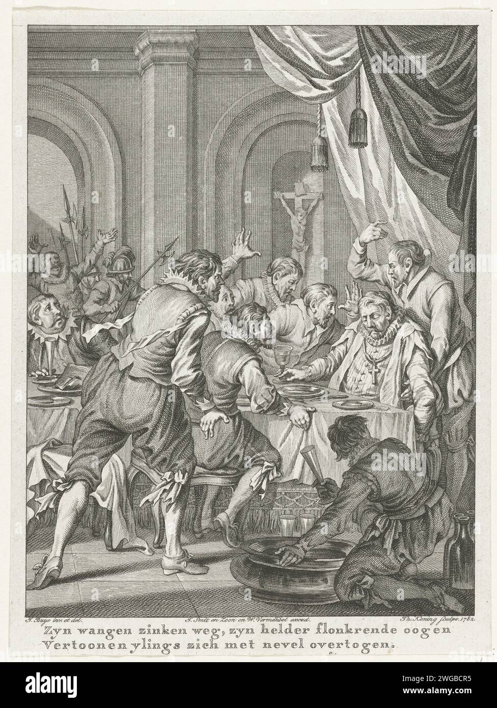 Death of Requesens, 1576, 1782 Print Death of Requesens. Der Gouverneur Requesens stirbt am Tisch bei einem Bankett am 5. März 1576. Sechzehnter Gesang. Druckerei: Northern Netherlandspublisher: Amsterdampublisher: Amsterdampublisher: Amsterdampublisher: Amsterdam Paper Radiching Dying Stockfoto