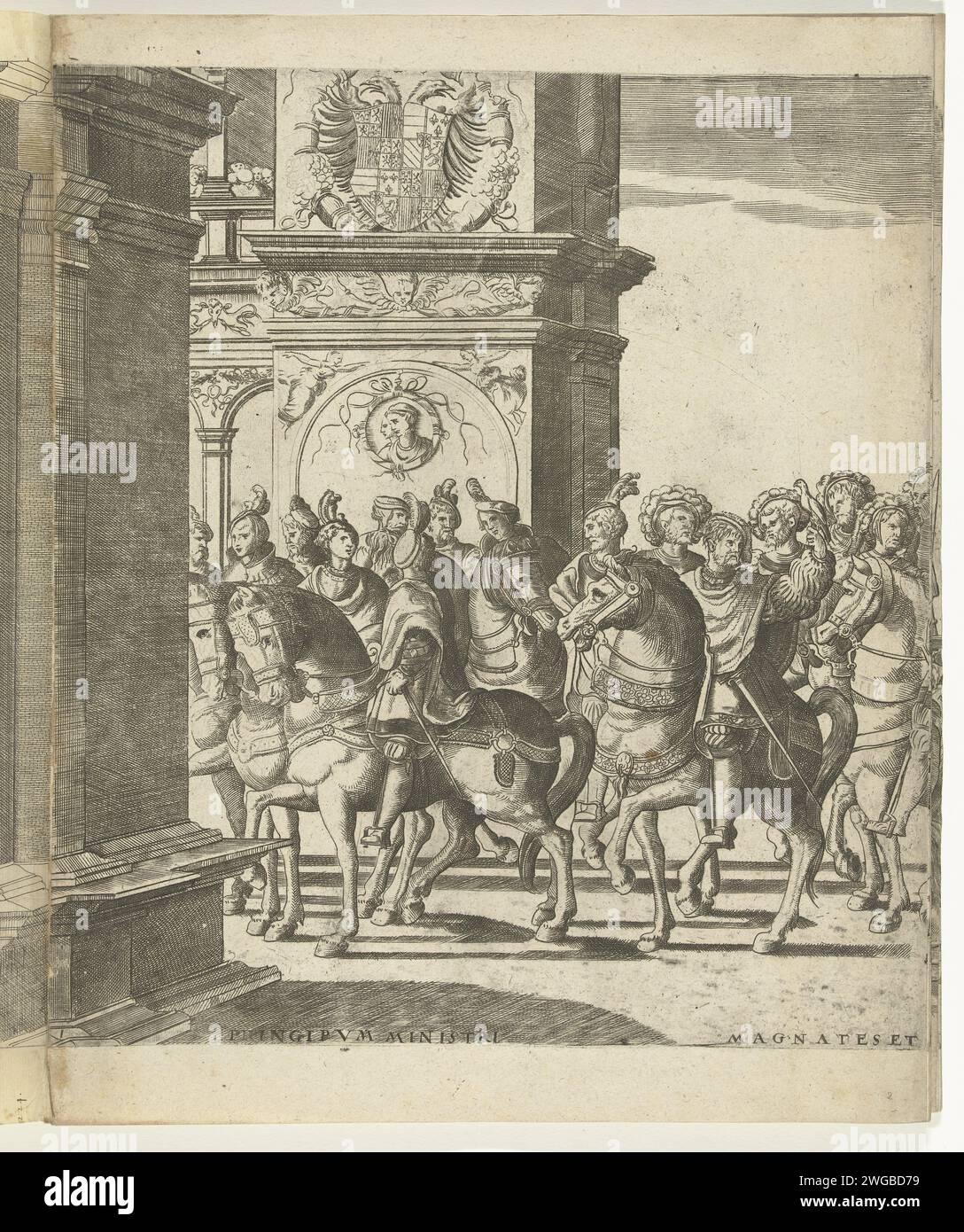 Der Kopf der Prozession an einem Triumphtor, Platte 1, 1620 - 1699 den Kopf der Prozession an einem Triumphtor drucken, Platte 1. Prozession Karls V. mit Papst Clemens VII. In Bologna nach seiner Krönung bis Kaiser am 24. Februar 1530. Mechelen Papier Ätzen / Gravur Feste (+ Parade, Wettbewerb, Kavalcade  festliche Aktivitäten) Bologna Stockfoto