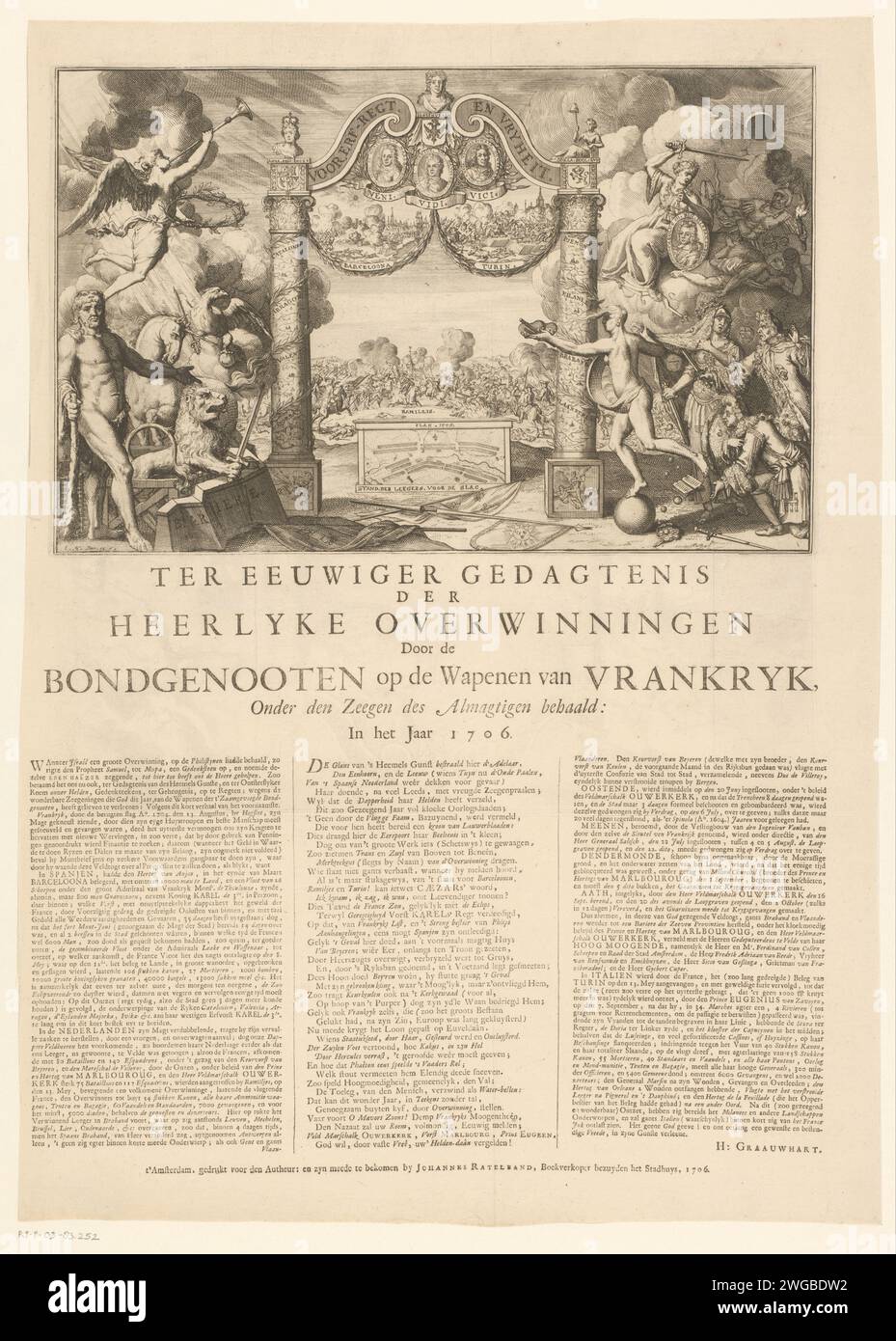 Allegory über die Siege der Alliierten im Jahr 1706, 1706 Druck Allegory über die Siege der Alliierten über die Franzosen im Jahr 1706. Ehrenmoor mit Porträts des Herzogs von Marlborough, des Prinzen Eugenius von Savoye und des Herrn von Ouwerkerk. Mit kleinen Aufführungen der Schlacht von Ramillies, der Relief von Turin und Barcelona. Links Herkules mit dem niederländischen Löwen, dem englischen Einhorn und dem deutschen Adler. Rechts Fortuna mit den Fürsten von Frankreich, Köln und Bayern. Rechts in der Luchht verteidigt die Justiz den Fall Karel III Auf das Blatt gedruckt Stockfoto