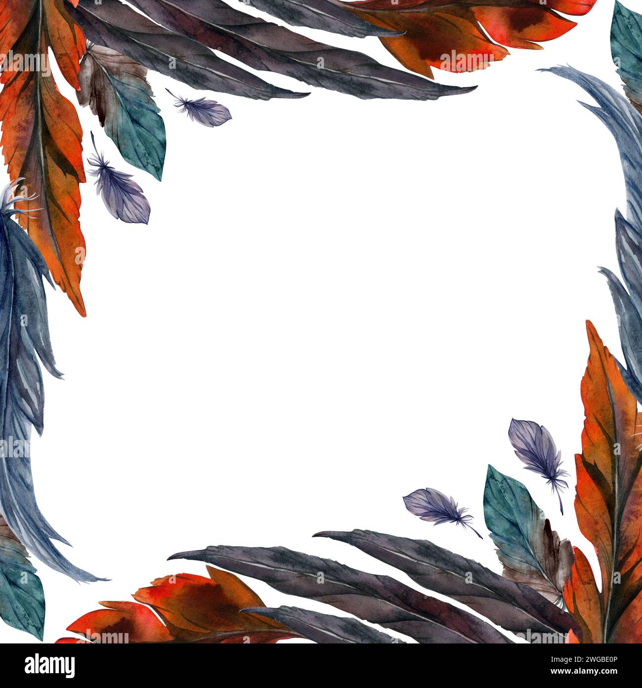 Hand gezeichnet Aquarell Vogelfeder Feder Feder Feder Boho Stamm ethnische indianer blau rot. Quadratischer Rahmen isoliert auf weißem Hintergrund. Design-Charme, Amulett Stockfoto