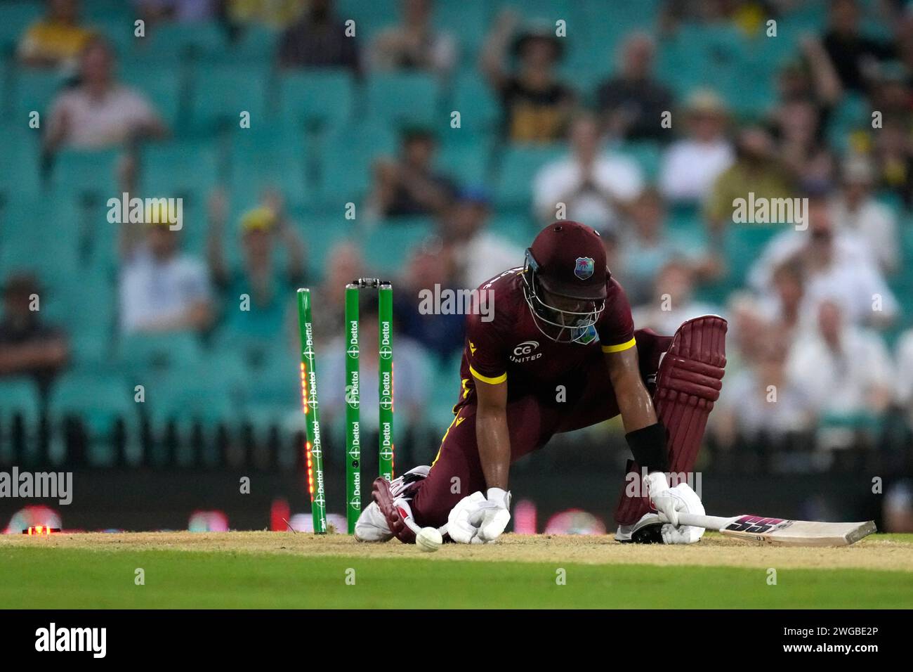 The West Indies' Shai Hope kneels on the ground after he is bowled by Australia's Josh Hazlewood during their one day international cricket match in Sydney, Sunday, Feb. 4, 2024. (AP Photo/Rick Rycroft) Stockfoto