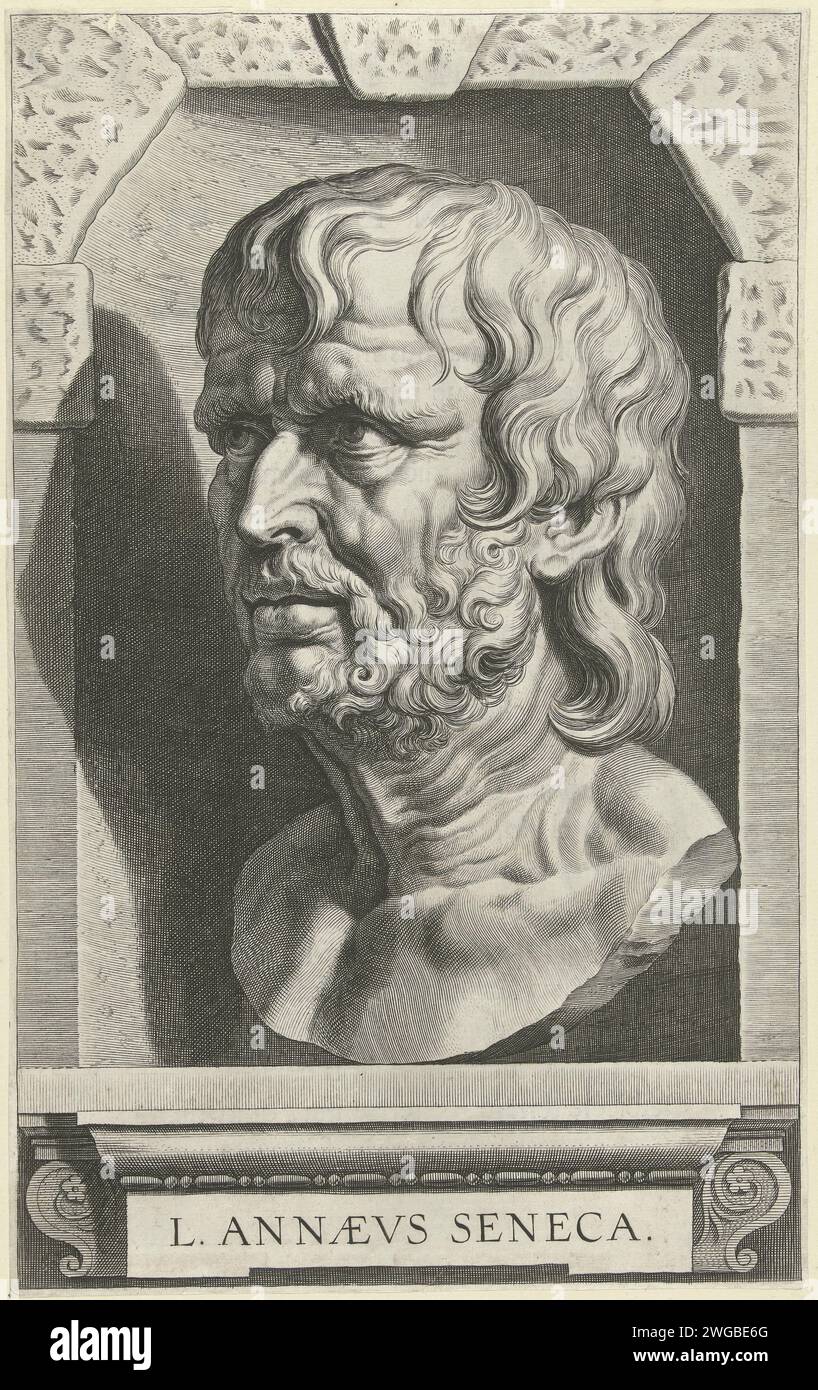 Portretbuste van Seneca, Cornelis Galle (I), nach Peter Paul Rubens, nach Anonym, 1586–1650 Druck Porträtbüste des Philosophen Seneca, in einer Nische platziert. Unter der Nische auf einer Konsole den Namen. Südliche Niederlande Papierstich (Geschichte von) Seneca (+ Dreiviertelansicht) Stockfoto Portretbuste van Seneca, Cornelis Galle (I), nach Peter Paul Rubens, nach Anonym, 1586–1650 Druck Porträtbüste des Philosophen Seneca, in einer Nische platziert. Unter der Nische auf einer Konsole den Namen. Südliche Niederlande Papierstich (Geschichte von) Seneca (+ Dreiviertelansicht) Stockfoto