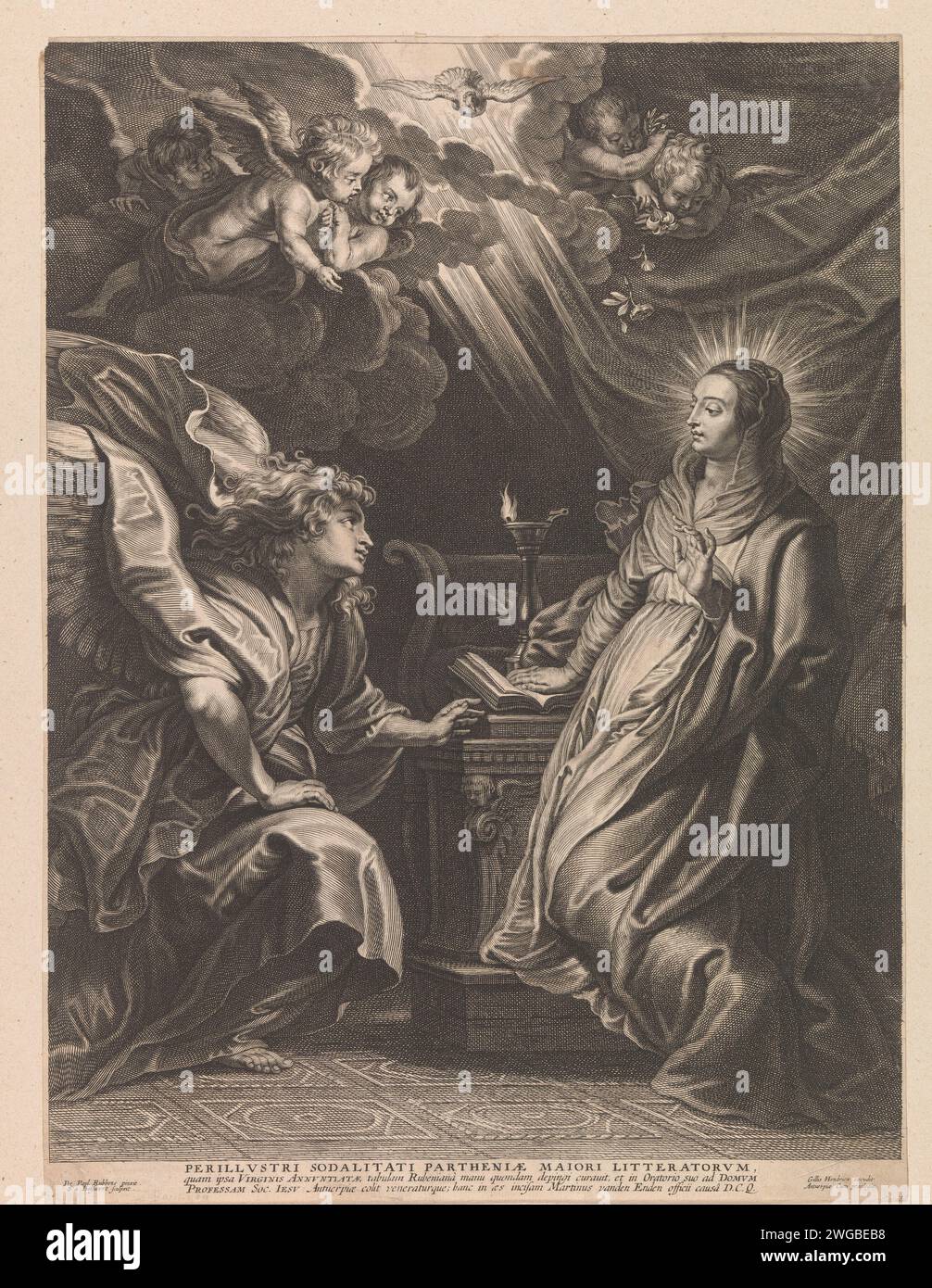 Verkündigung, Sciled Adamsz. Bolswert, nach Peter Paul Rubens, 1596–1659 Druckschrift Verkündigung (loses Blatt). Dieser Ausdruck ist Teil eines Albums. Papiergravur der Verkündigung: Maria, die normalerweise liest, wird vom Engel besucht (manchmal hört eine Frau das Gespräch) Stockfoto