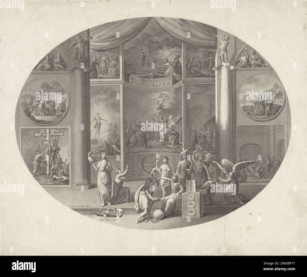 Religiöse allegorische Darstellung, Philippus Velijn, nach Cornelis Groeneveld, 1797–1836 drucken Eine religiöse allegorische Darstellung in einem Innenraum mit Säulen und einer Fassade mit Szenen aus dem Leben Christi. Im Vordergrund stehen verschiedene allegorische Figuren und zwei Engel in einer Säule, auf der drei Ringe mit dem allsehenden Auge, das Lamm und der Heilige Geist in Form einer Taube. Links im Vordergrund die Schlange mit dem Apfel des Baumes der Erkenntnis von gut und Böse neben einem Schädel. Niederlande Papierätzung / Gravur allegorische Darstellungen  Religion; 'Religione', 'Religione Stockfoto