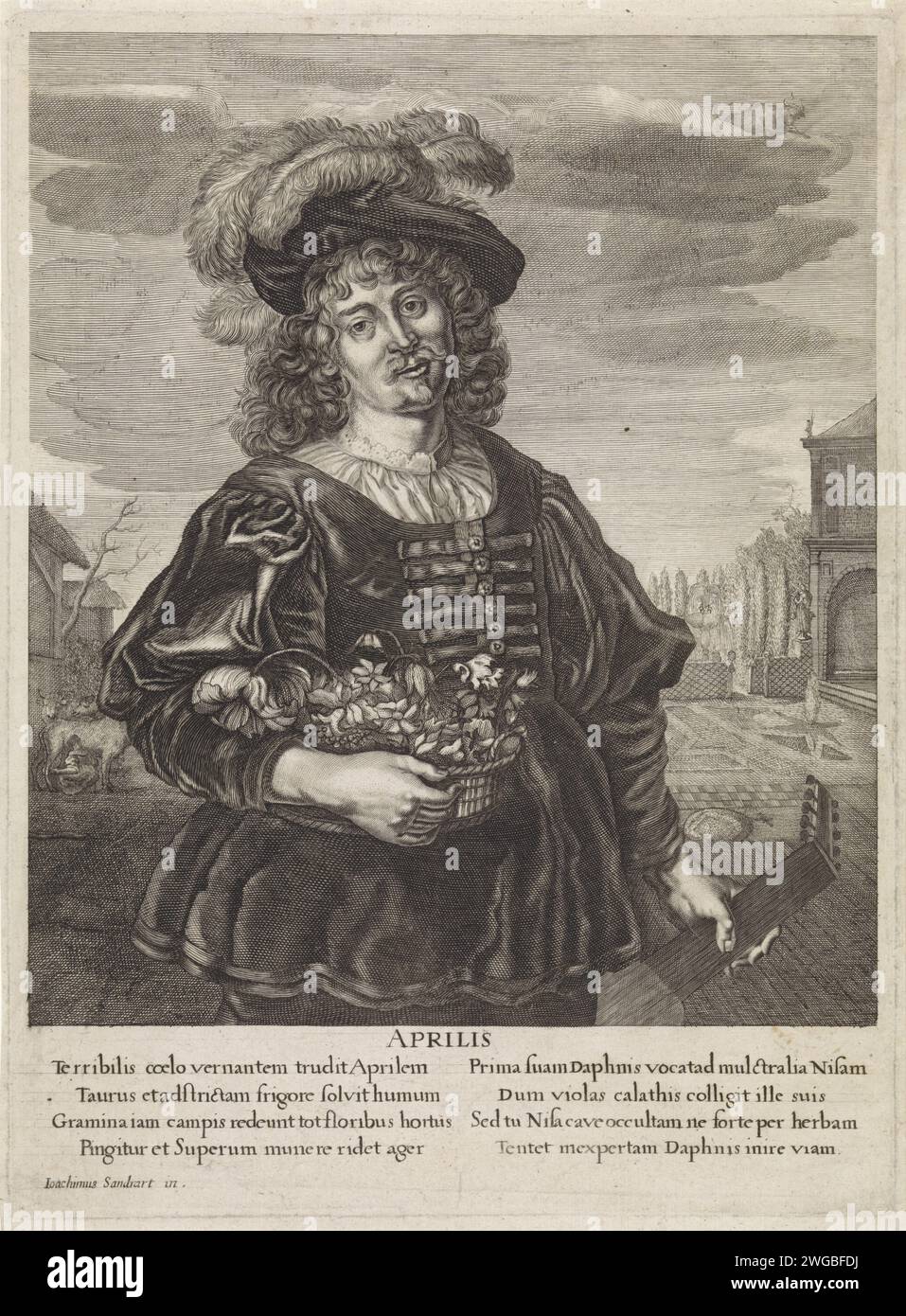 April: Junger Mann mit Blumenkorb, anonym, nach Jonas Suyderhoef, nach Joachim von Sandrart (I), 1645–1695 drucken Ein junger Mann mit einem Blumenkorb und einer Laute in der Hand zeigt den Monat April. Rechts ein Garten und links eine Frau, die eine Kuh melkt. Auf den Wolken der Sternenbulle. Unter der Show ein lateinischer Vers aus zwei mal vier Zeilen. Niederlande Papiergravur/Ätzung April; 'Aprile' (Ripa) (+ mit Schildern oder Personifizierungen der Planeten). April  andere Konzepte Stockfoto