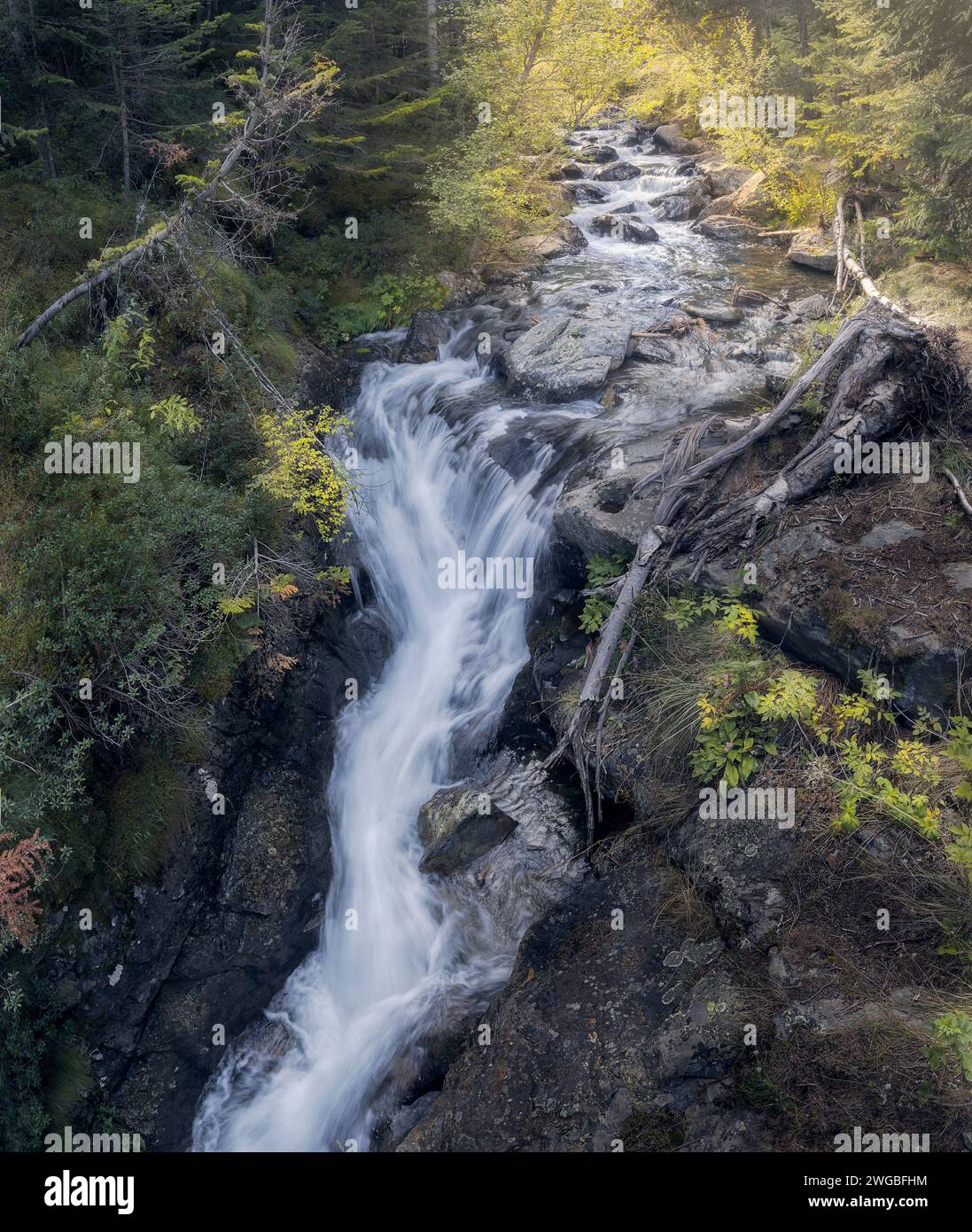 Wasserfall im Comapedrosa Naturpark, den Pyrenäen, Andorra Stockfoto