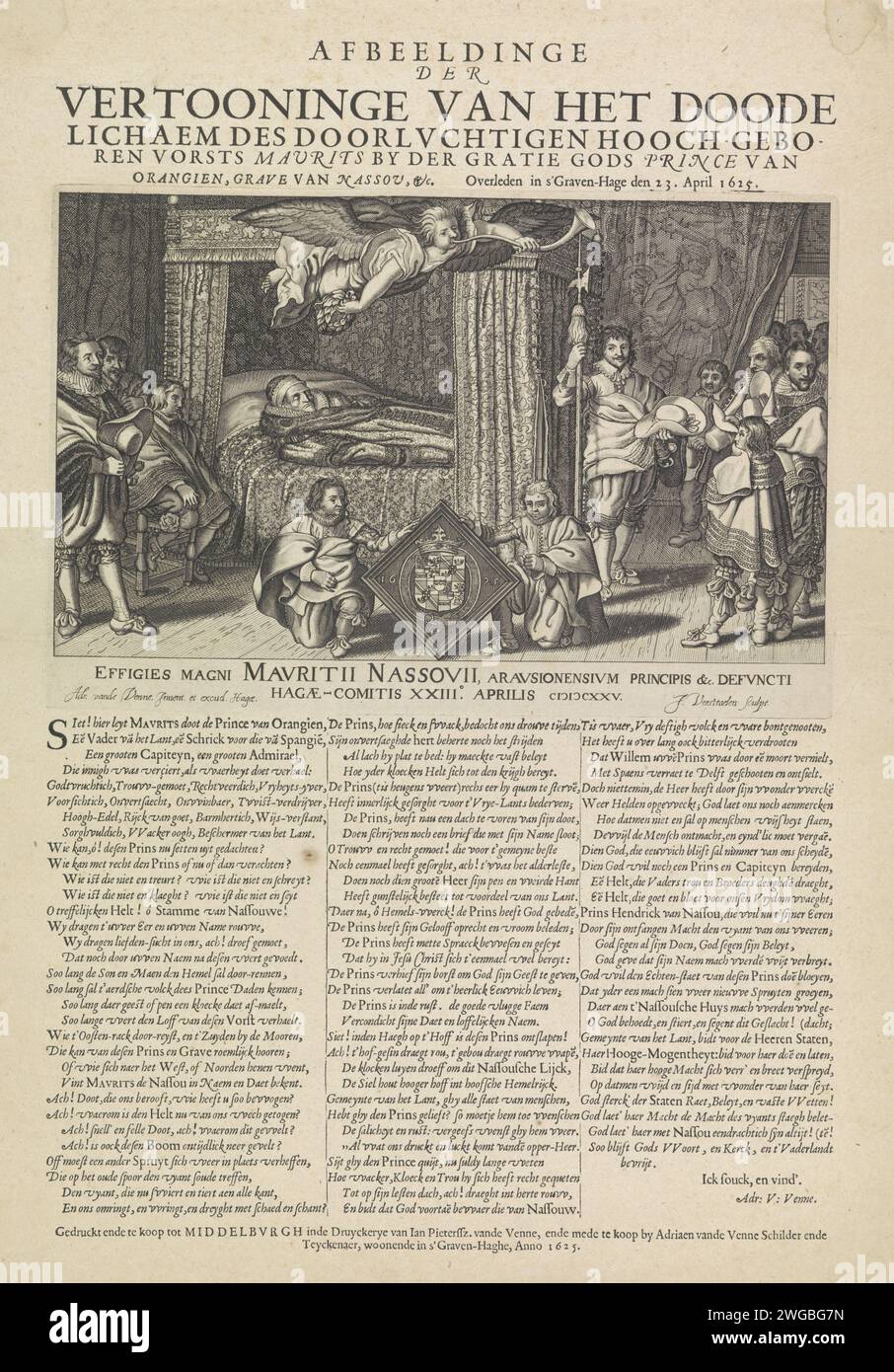 Maurits, Prinz von Orange, 1625, Jan Hendriksz. Verstraelen, nach Adriaen Pietersz van de Venne, 1625 Druck Maurits, starb am 23. April 1625 in den Haag. Der Prinz liegt auf einem Tabbestone auf dem Bett. In der Luft weht der Ruhm auf eine Trompete. Um das Bett herum Familie und Freunde, im Vordergrund zwei Jungen mit der Rüstung des Prinzen. Auf dem Blatt unter der Platte ein Vers in 3 Spalten auf Niederländisch gedruckt. Druckerei: Utrechtprinter: MiddelburgVerlag: Der Haager Papierstich / Buchdruck liegend im Staat. Fame; 'Fama', 'Fama buona', 'Fama chiara' (Ripa) (+ abstraktes Konzept, das weiblich dargestellt wird Stockfoto