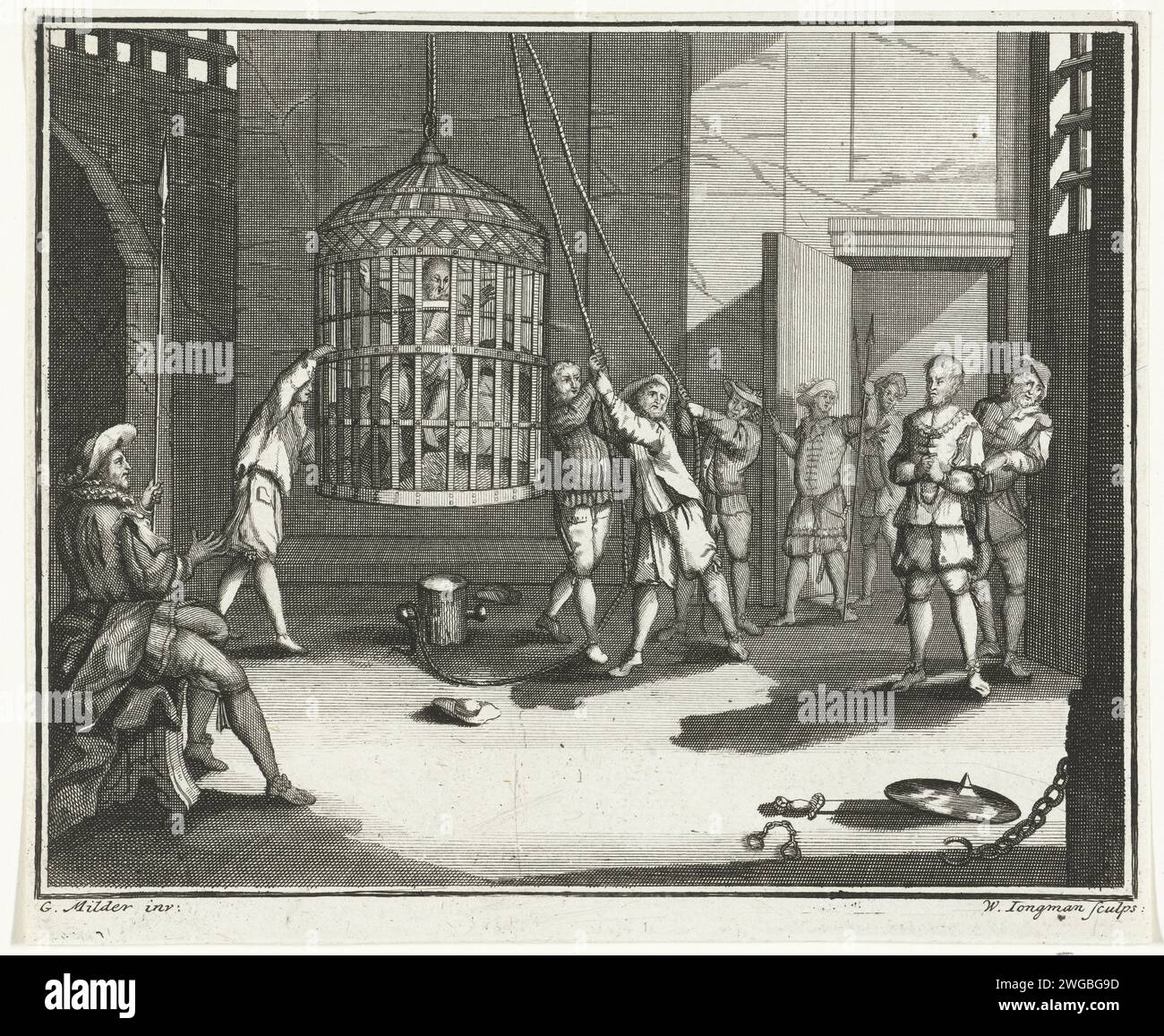 Jan Kruyze und Willem van Deutichem für Drehungen bestraft im Wassenaarskooi in Hattem, 1520, 1719 – 1728 Druck Jan Kruyze, Steward von Salland und Willem van Deutichem, Schout van Deventer werden als Strafe für Drehungen im Wassenaarskooi, dem Käfig von Jan van Wassenaar, in Hattem, 1520 inhaftiert. Die Szene spielt im Gefängnis. Nord-Niederlande Papier Ätzen öffentliche Strafe (Tod nicht beabsichtigt oder beteiligt) Hattem Stockfoto