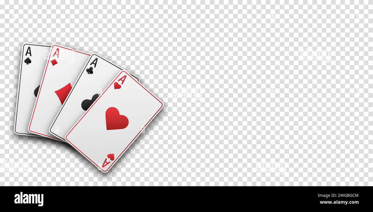 Fans von Karten mit Handspielen. Vier Asse mit dem Anzug aus Herzen, Schlägern, Diamanten und Pik. Vetor-Abbildung. Poker- oder Casino-Konzept. Transparentes bac Stock Vektor