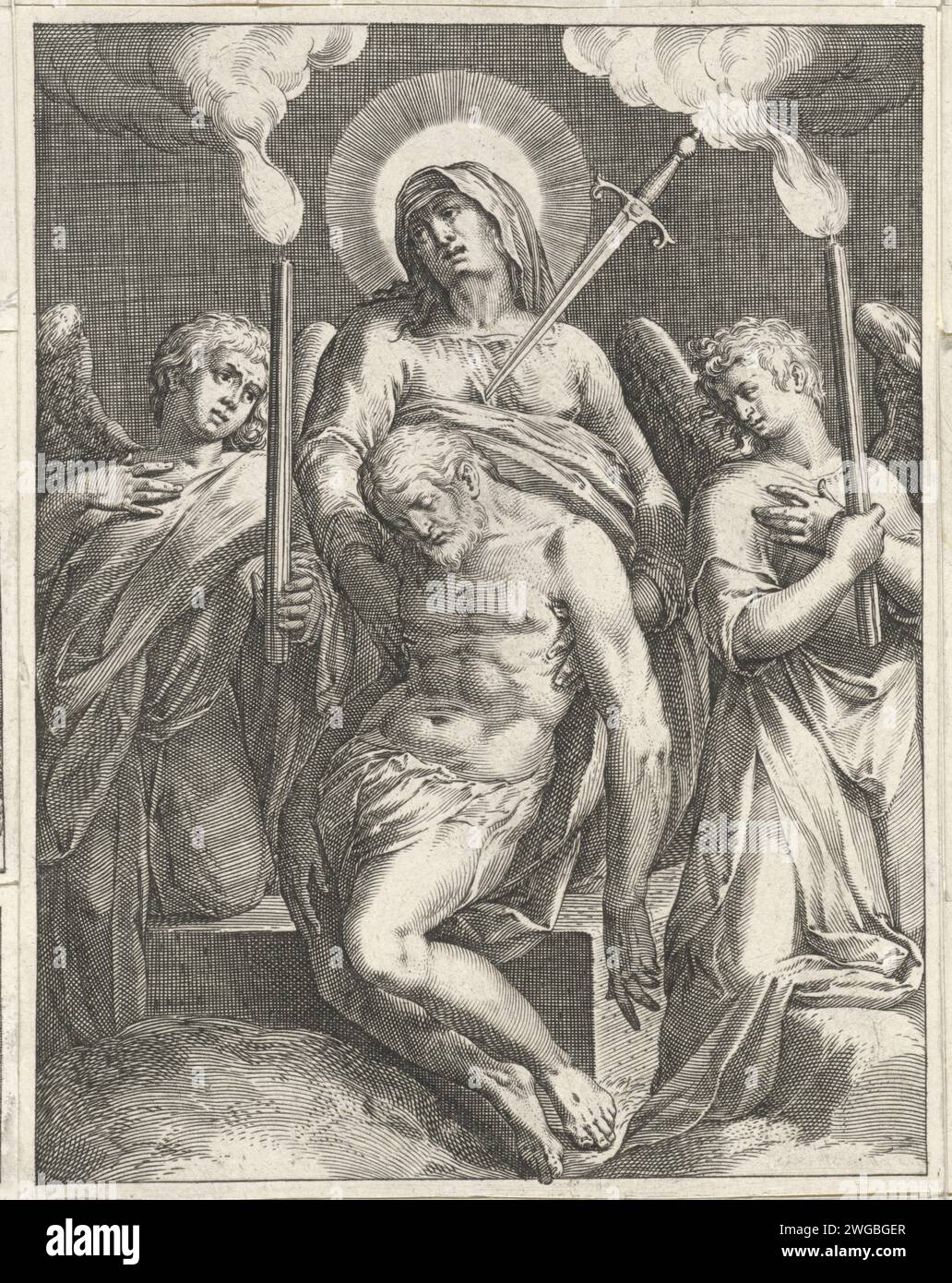 Pietà, Johann Sadeler (I), nach Hiedonymus Wibix, nach Taddeo Zuccaro, 1580–1600 Druck die Jungfrau Maria hält den verstorbenen Christus in ihren Händen. Sie wird von zwei Engeln mit Toortsen flankiert. Druckerei: Antwerpen Gemälde von: Rom Papierstich 'PietÃ', 'Vesperbild', 'Marienklage' (keine anderen anwesend): Christus, entweder mit oder ohne Dornenkrone, Trauer Maria (+ Engel) Stockfoto