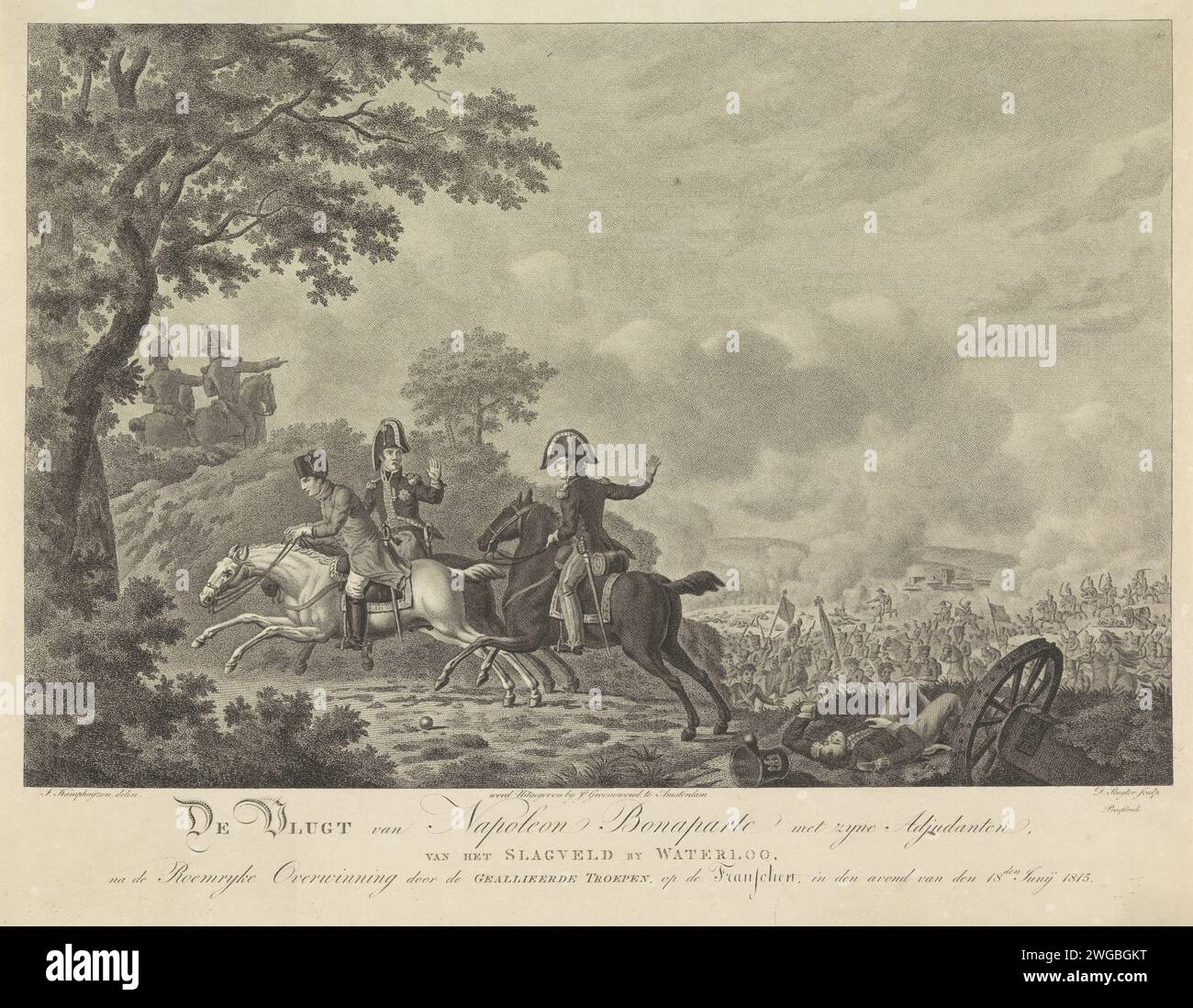 Napoleon flieht von Waterloo's Schlachtfeld, 1815, Dirk Sluyter, nach Jan Kamphuijsen, 1815 Print Flug Napoleon mit seinen Adjutanten nach der verlorenen Schlacht von Waterloo am 18. Juni 1815. Die Franzosen flüchten links durch den Busch, links das Schlachtfeld rechts. Druckerei: Netherlandspublisher: Amsterdamer Papierätzkampf (+ Landstreitkräfte). Den Feind dazu bringen, Waterloo zu fliegen Stockfoto