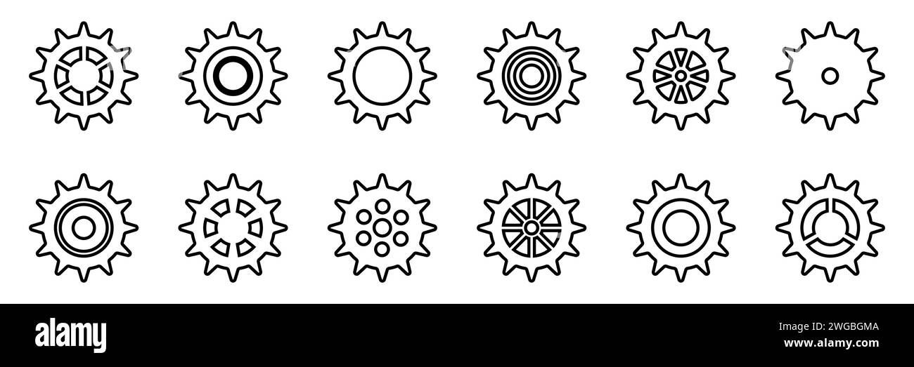 Symbolsatz Gänge. Symbol für Gangeinstellung. Sammlung mechanischer Zahnräder. Einfache Zahnradsammlung. Silhouette mit Zahnradsymbolen. Vector Illustrati Stock Vektor