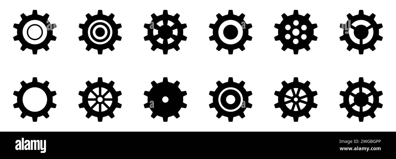 Symbolsatz Gänge. Symbol für Gangeinstellung. Sammlung mechanischer Zahnräder. Einfache Zahnradsammlung. Zahnradsymbole. Vektordarstellung mit Zahnrädern Stock Vektor