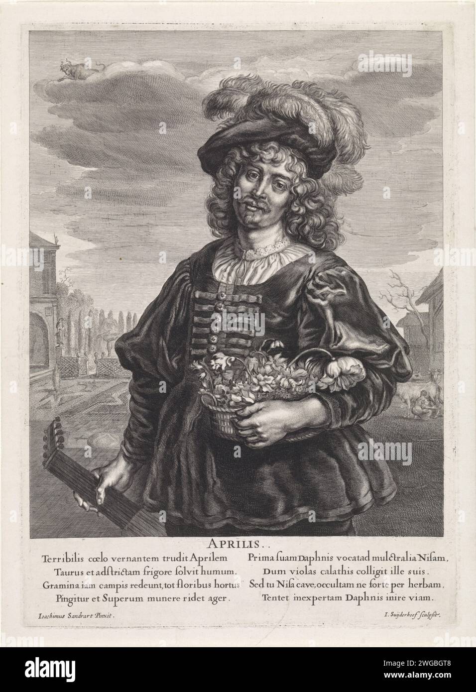 April: Junger Mann mit Blumenkorb, Jonas Suyderhoef, nach Joachim von Sandrart (I), 1645 Druck Ein junger Mann mit einem Blumenkorb und einer Laute in der Hand zeigt den Monat April. Links ein Garten und rechts eine Frau, die eine Kuh melkt. Auf den Wolken der Sternenbulle. Unter der Show ein lateinischer Vers aus zwei mal vier Zeilen. Amsterdamer Papierstich April; 'Aprile' (Ripa) (+ mit Schildern oder Personifizierungen der Planeten). April  andere Konzepte Stockfoto