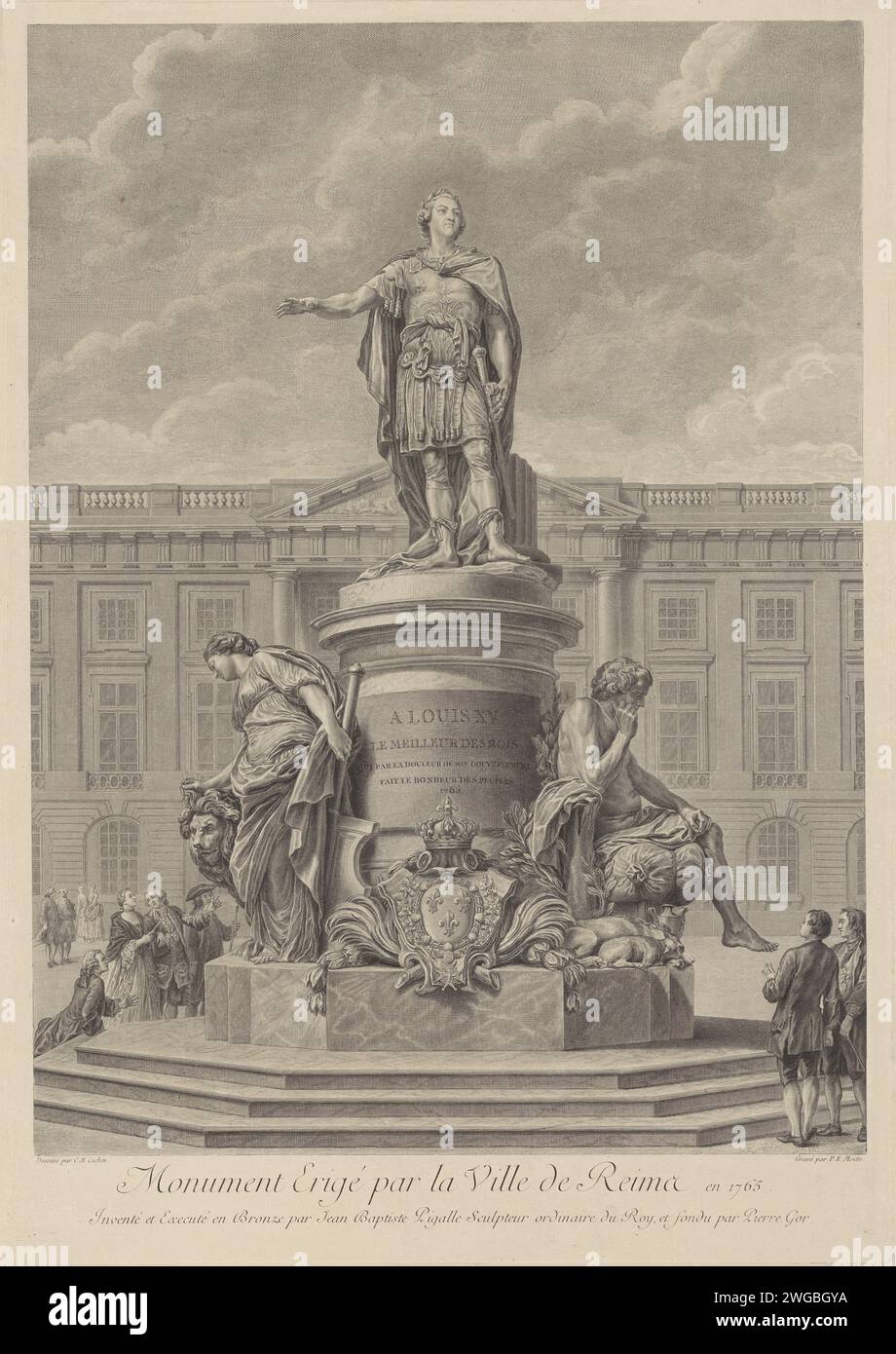 Denkmal für Ludwig XV., König von Frankreich, in Reims, Pierre Etienne Moitte, nach Charles Nicolas Cochin (II), nach Jean Baptiste Pigalle, 1765 - 1780 Druck Frankreich Papierätzung / Gravur historischer Personen. Denkmal, Statue Reims Stockfoto