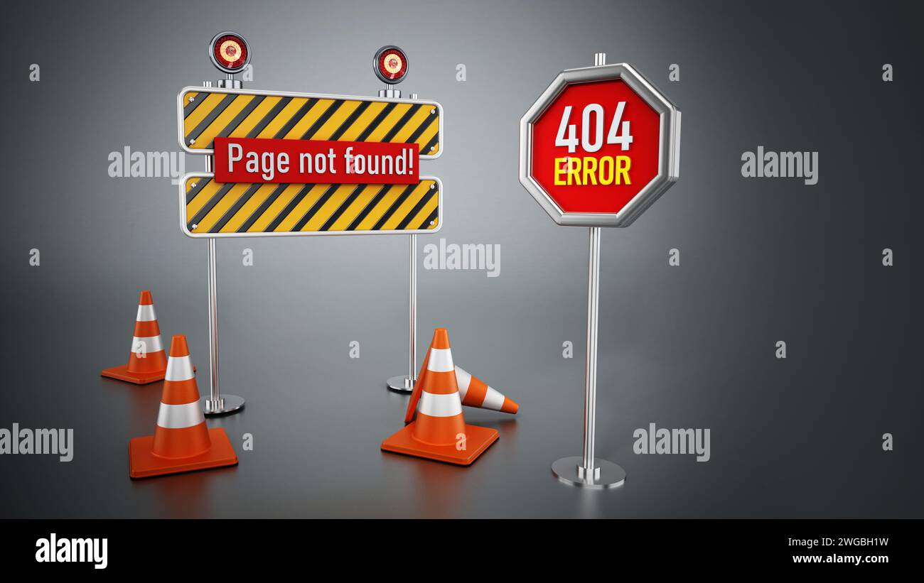 404 Webseite nicht gefunden Fehler Schild und Verkehr Kegel. 3D-Illustration. Stockfoto