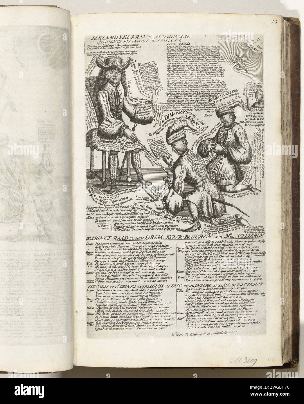 Villeroy und der Kurfürst von Bayern Kneelen für Ludwig XIV., 1706, 1706 drucken der Herzog von Villeroy und Maximilian II. Emanuel, der Kurfürst von Bayern, knieten mit dem Strümpfe für König Ludwig XIV. Nieder Auf der Platte 2 Säulen in Niederländisch und Französisch. Seitennummer 9 (nummeriert oben rechts) in der Serie von 25 Magazinen mit dem Titel: Gemeinsam an die Koninglyke Almanach, genannt Goldenes Jahr der Alliierten, 1706. Teil der unter dem Sammeltitel „t Lust-Hof von Momus“ veröffentlichten Druckarbeit mit der gebündelten Zeichentrickserie aus den Jahren 1701-1713 des Spanischen Erbfolgekrieges. Druckerei: Northern N Stockfoto