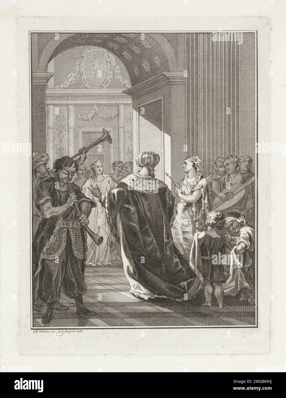 Salomon und die Königin von Seba, Reinier Vinkeles (I), 1766 Druck die Königin von Seba kommt am Hof von König Salomo an. Die Königin von Seba testet die Weisheit Salomos, indem sie ihm allerlei Rätsel unterwirft. Amsterdamer Papierätzung / Gravur Hommage an Salomo: Die Königin von Saba schenkt Salomo Gold, Edelsteine und Gewürze. Die Königin von Saba vor Salomo, die ihn mit Fragen prüfte Stockfoto