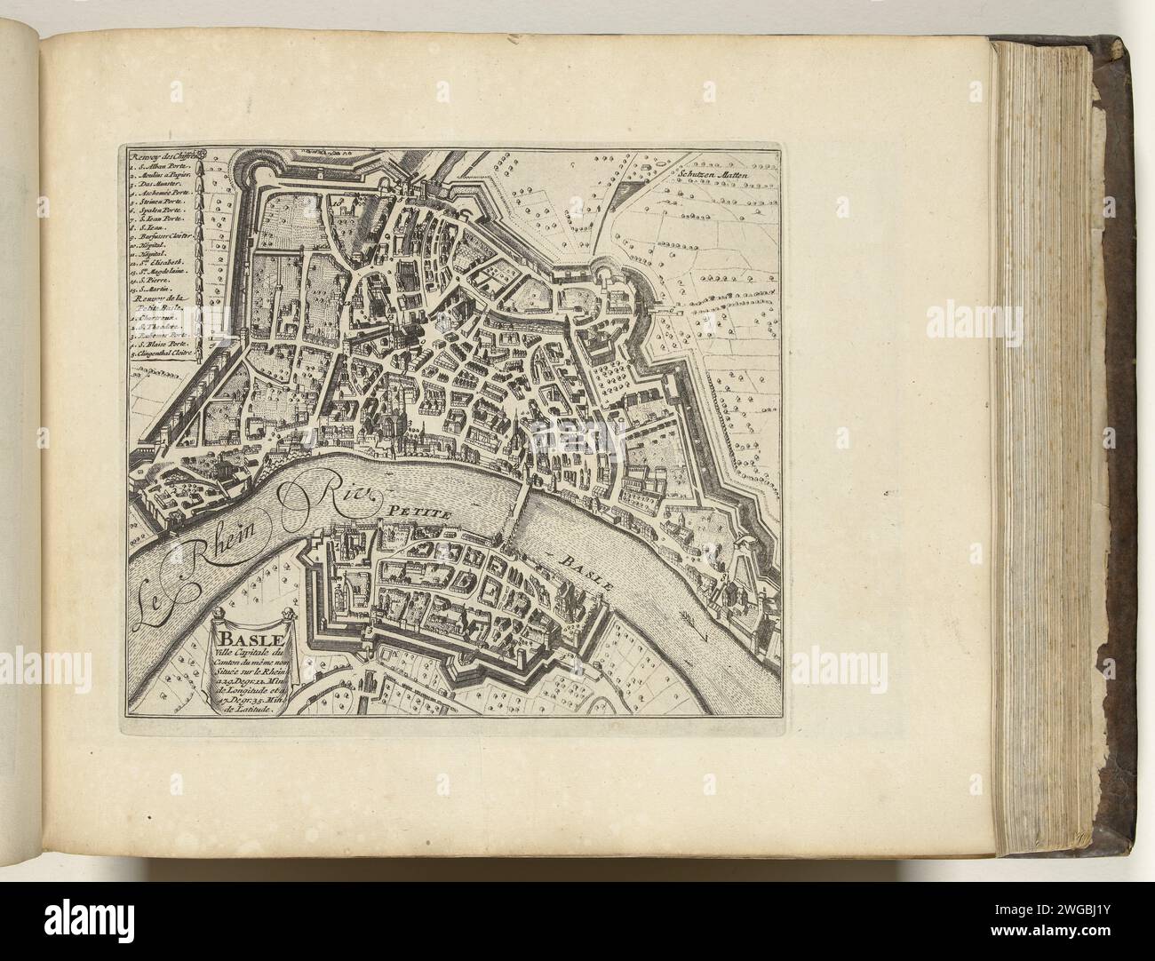 Karte von Basel, CA. 1693-1696, 1693 - 1696 Karte der Schweizer Stadt Basel drucken. Teil des fünften Teils (1696) des Druckwerks, in dem die acht Teile von Les Forces de l’Europe zwischen 1693 und 1697 veröffentlicht werden. Das Druckwerk besteht aus 175 Platten mit Plänen (von Sébastien Le Prestre, Seigneur de Vauban) bekannter starker Städte und Festungen im Neunjährigen Krieg. Titel und Inschriften auf Französisch. Drucker: Franzepublisher: Paris Papier graviert Stadtpläne Basel Stockfoto