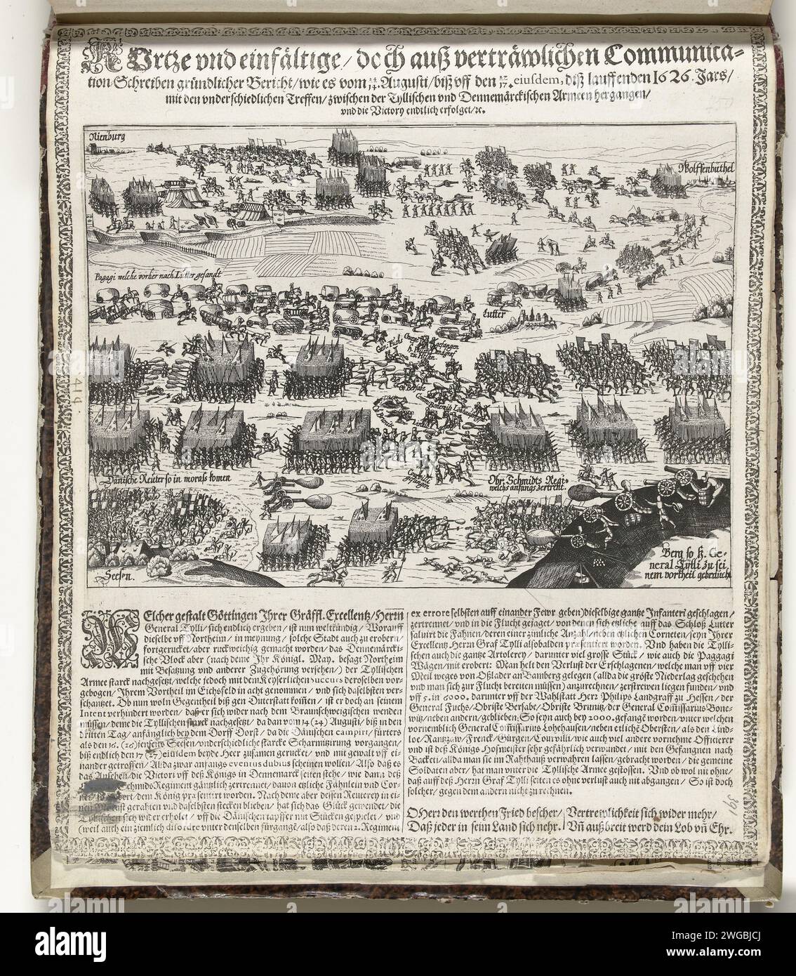 Schlacht zwischen kaiserlichen Truppen von Tilly und dänischen Truppen bei Lutter, 1626, 1626 Drucken Schlacht zwischen kaiserlichen Truppen von General Tilly und dänischen Truppen bei Lutter, 24-27. August 1626. Eine Unterschrift von zwei Spalten in deutscher Sprache auf der Unterseite der Show. Mit Stift unten nummeriert: 414. Der Ausdruck ist Teil eines Albums. Kölner Papierätzung / Buchdruck Kampf, Kampf im Allgemeinen Stockfoto