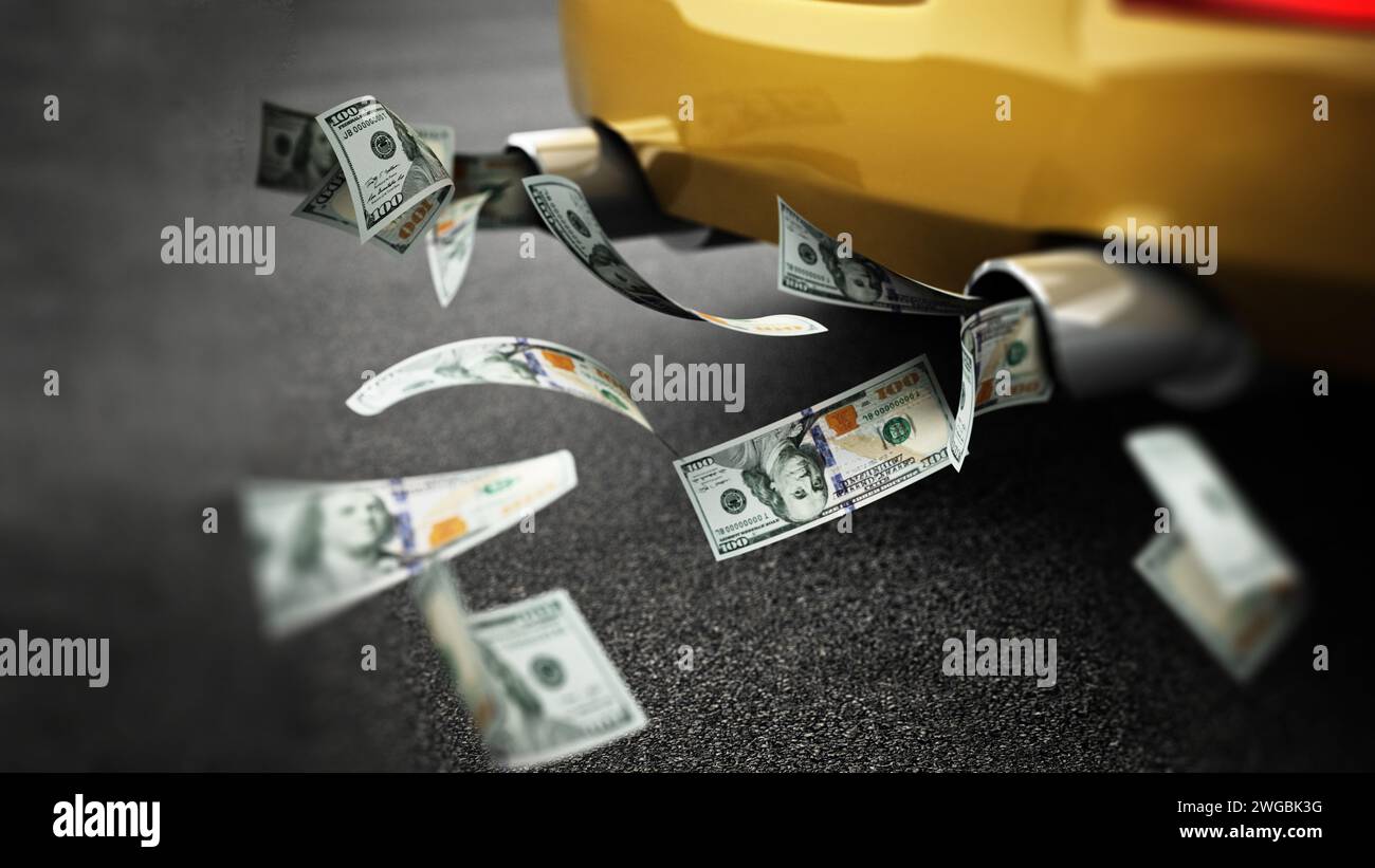 100-Dollar-Scheine, die aus dem Auspuffrohr eines Autos fließen. 3D-Illustration. Stockfoto