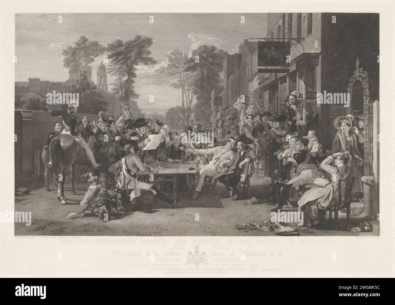 Rentner in Chelsea sitzen um einen Tisch und lesen die Nachrichten über die Schlacht von Waterloo, John Burnet, nach David Wilkie, 1831 Druckgraphiker: Englandpublisher: London Paper Radiching / Gravur reading to Someone. Auf einer Höhe sitzen. Straße Chelsea Stockfoto