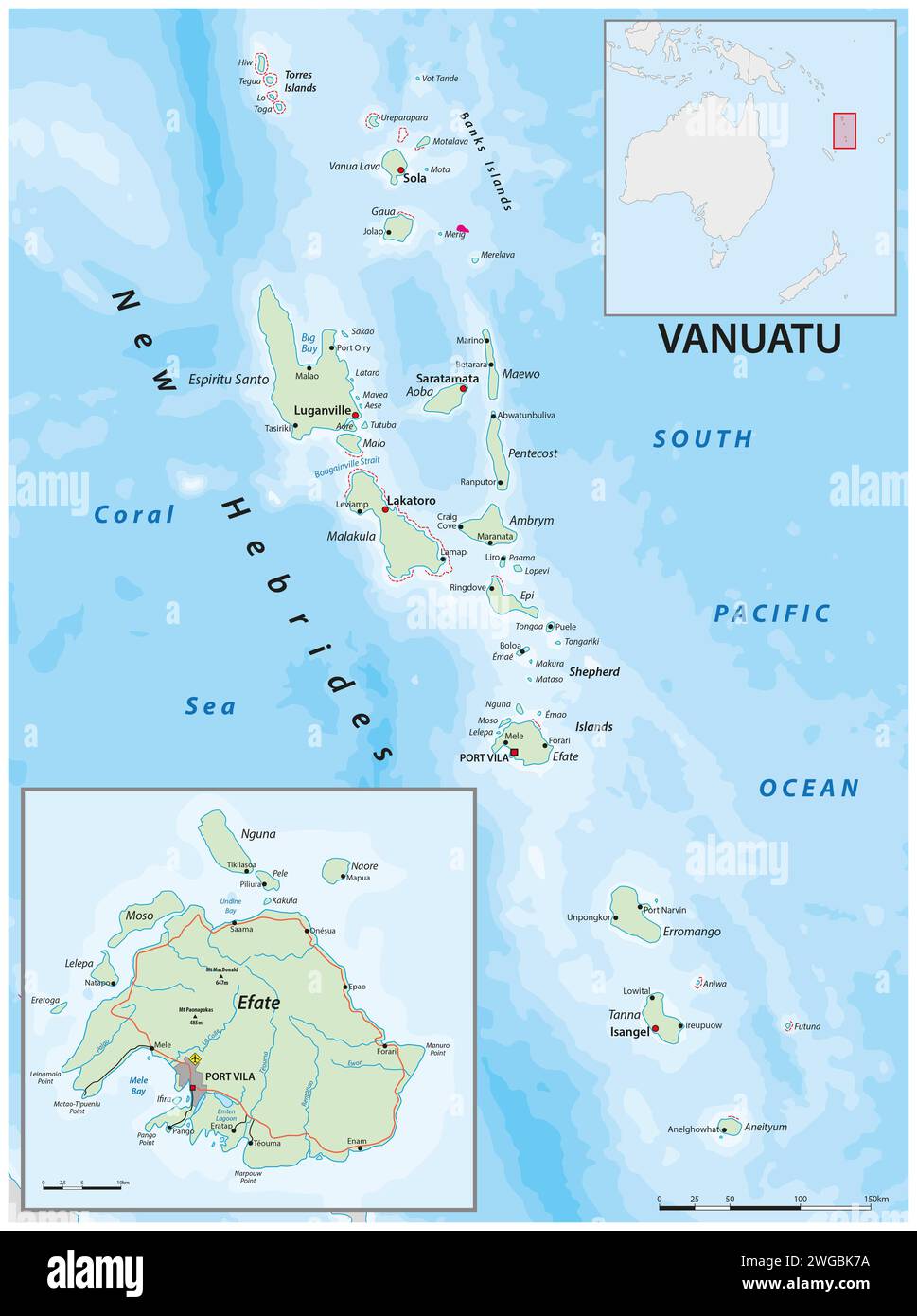 Vektorkarte des melanesischen Inselstaates Vanuatu Stockfoto