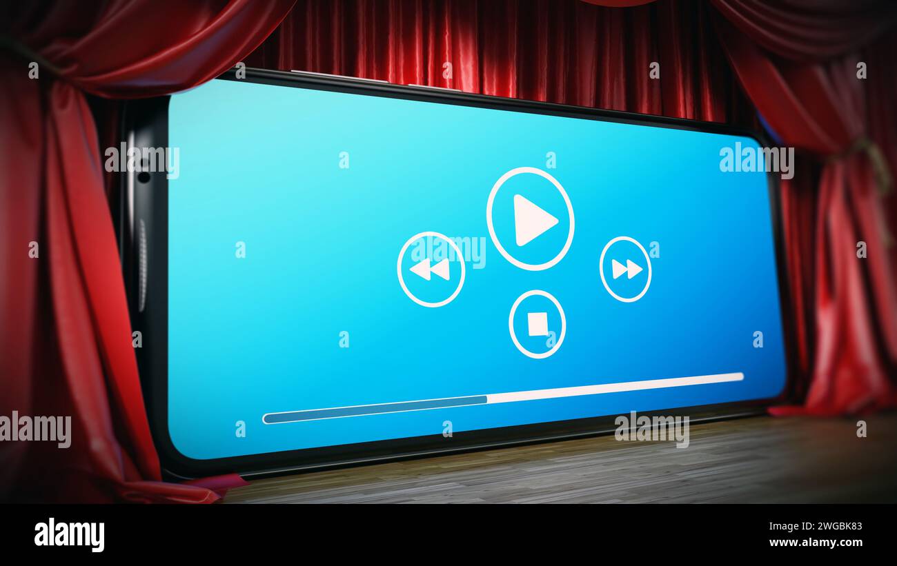 Smartphone mit Media Control Icons auf der Bühne zwischen roten Vorhängen. 3D-Illustration. Stockfoto