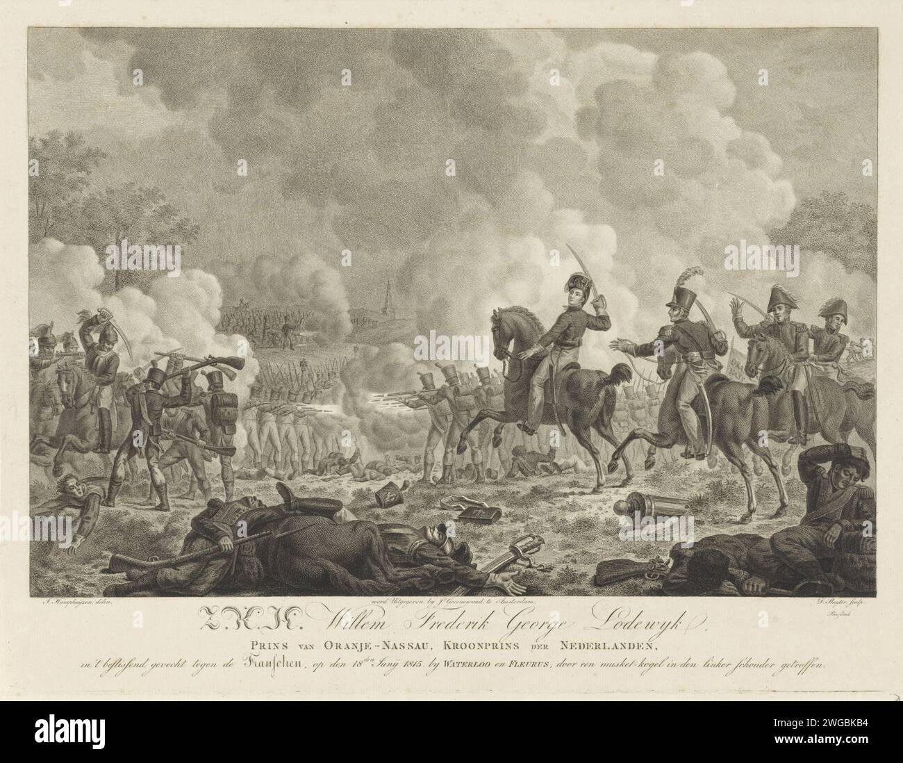 Kronprinz Willem Frederik George Lodewijk in der Schlacht von Waterloo und Fleurus, Dirk Sluyter, nach Jan Kamphuijsen, in oder nach 1815 Druck Kronprinz Willem Frederik George Lodewijk, der spätere König Willem II., geht am 18. Juni 1815 auf dem Schlachtfeld bei Waterloo in die Schlacht. Er wird durch eine Kugel in seiner Schulter verletzt. Mit erläuternder Beschriftung. Papierätzung/Gravur Stockfoto