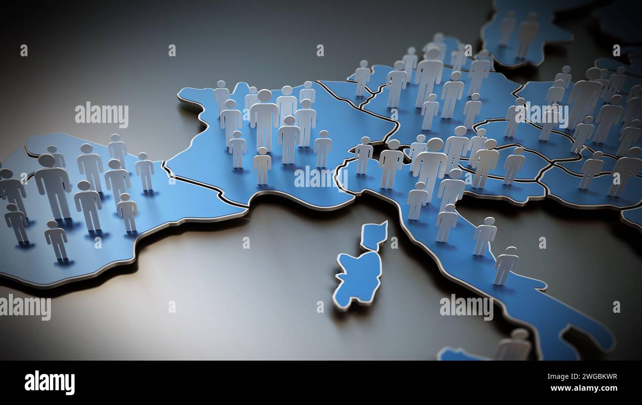 3D kleine Menschen stehen auf der Landkarte von Europa. 3D-Illustration. Stockfoto