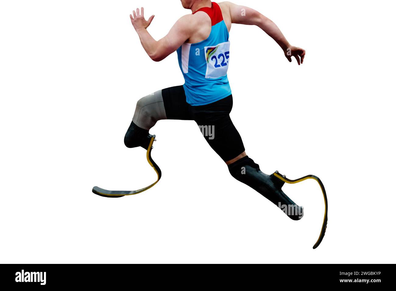 Männlicher, entschlossener Sportler mit Prothesenbeinen, laufend, Lätzchen 225, sprintet im Rennen Stockfoto