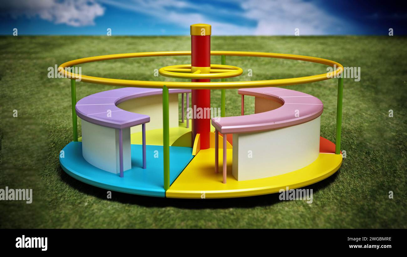 Bunte Karussell auf dem Gras. 3D-Illustration. Stockfoto