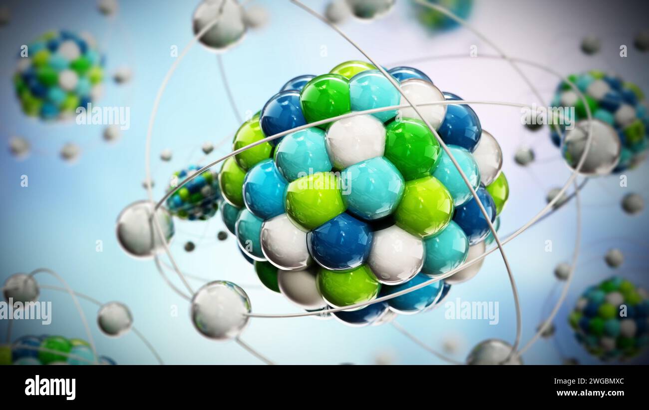 Abstraktes Molekülmodell bestehend aus farbigen Kugeln. 3D-Illustration. Stockfoto