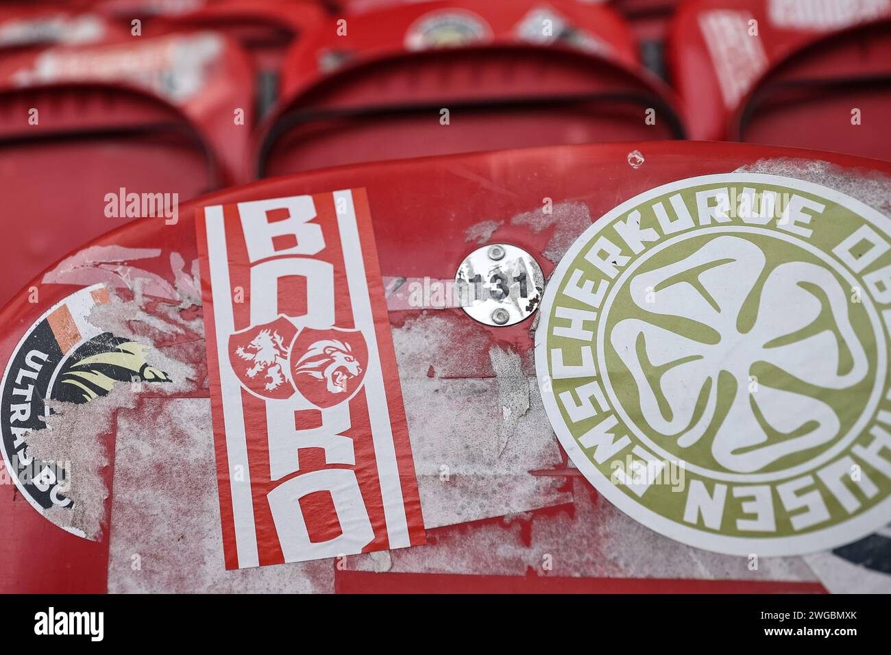 Middlesbrough, Großbritannien. Februar 2024. Ein Boro-Aufkleber auf einem schicken Sitzplatz während des Sky Bet Championship Matches Middlesbrough gegen Sunderland im Riverside Stadium, Middlesbrough, Großbritannien, 4. Februar 2024 (Foto: Mark Cosgrove/News Images) in Middlesbrough, Großbritannien am 4. Februar 2024. (Foto: Mark Cosgrove/News Images/SIPA USA) Credit: SIPA USA/Alamy Live News Stockfoto