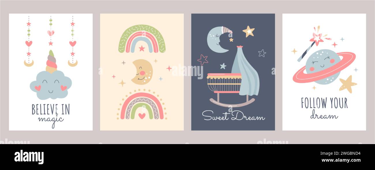 Set mit niedlichen Boho Baby Poster im skandinavischen Stil. Böhmische Kindertagskarten mit Regenbogen, Mond, Wolke, Sternen, magischem Planeten. Einrichtung mit Print für Kinderzimmer. Wandgemälde im Schlafzimmer mit handgezeichnetem Zitat. Stock Vektor