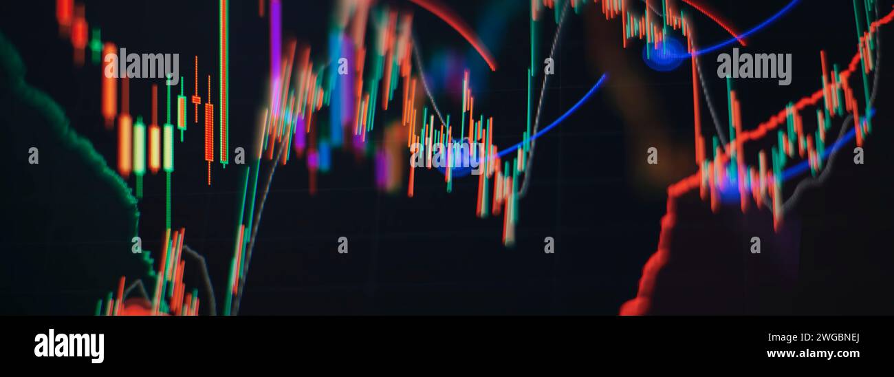 Abstrakte Diagramme zum Finanzhandel auf dem Monitor. Analyse auf dem Monitor eines Computers. Grundlagenanalyse und technische Analyse Stockfoto