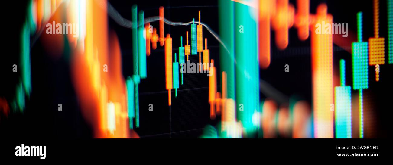 Abstrakte Diagramme zum Finanzhandel auf dem Monitor. Analyse auf dem Monitor eines Computers. Grundlagenanalyse und technische Analyse Stockfoto