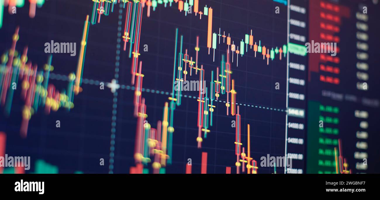 Diagramme, Finanzdaten. Abstraktes leuchtendes Forex-Diagramm-Hintergrundbild. Investitionen, Börsenhandel Stockfoto
