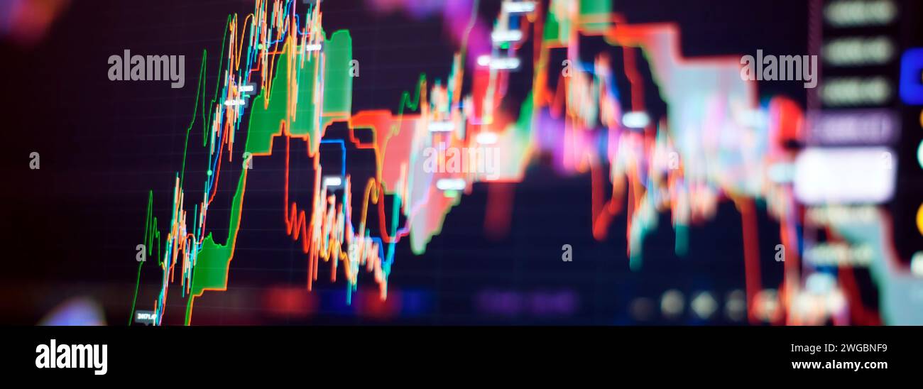 Diagramme, Finanzdaten. Abstraktes leuchtendes Forex-Diagramm-Hintergrundbild. Investitionen, Börsenhandel Stockfoto
