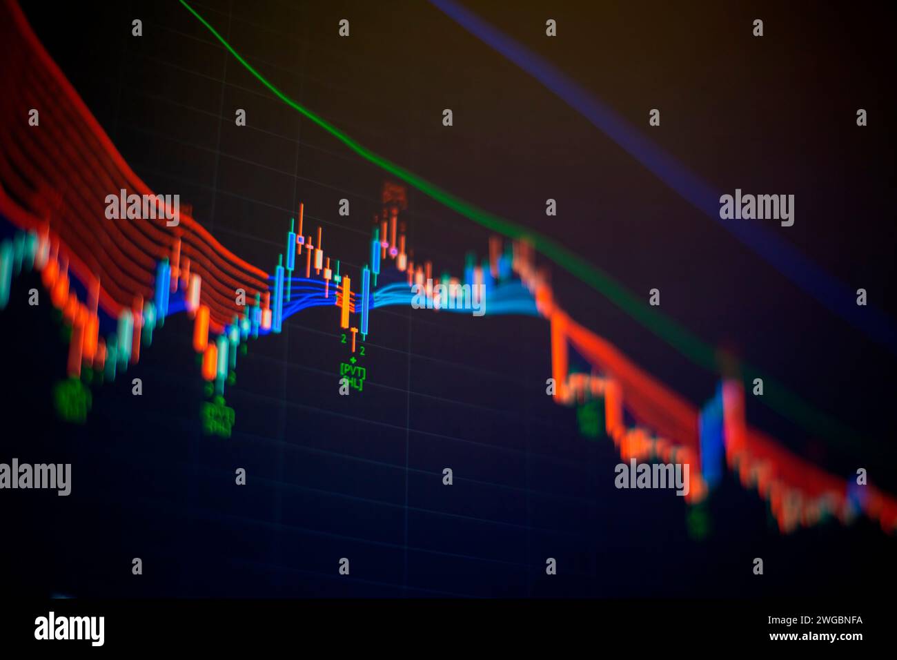Börsenhandel, Hintergrund der Krypto-Währung. Marktanalyse. Balkendiagramme, Diagramme Finanzdaten Stockfoto