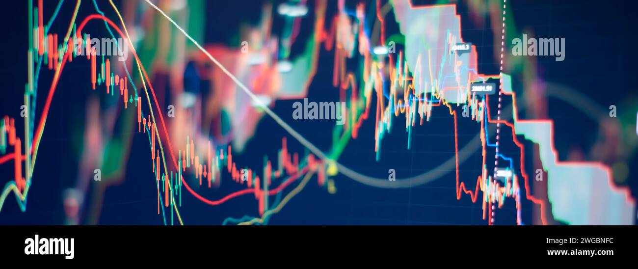 Diagramme, Finanzdaten. Abstraktes leuchtendes Forex-Diagramm-Hintergrundbild. Investitionen, Börsenhandel Stockfoto