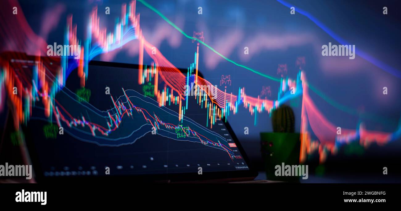 Börsenhandel, Hintergrund der Krypto-Währung. Marktanalyse. Balkendiagramme, Diagramme Finanzdaten Stockfoto