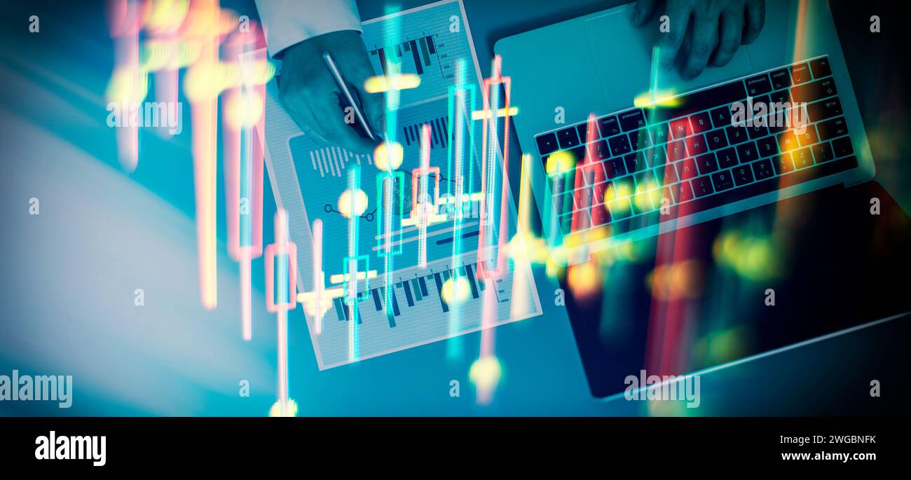 Diagramme, Finanzdaten. Abstraktes leuchtendes Forex-Diagramm-Hintergrundbild. Investitionen, Börsenhandel Stockfoto
